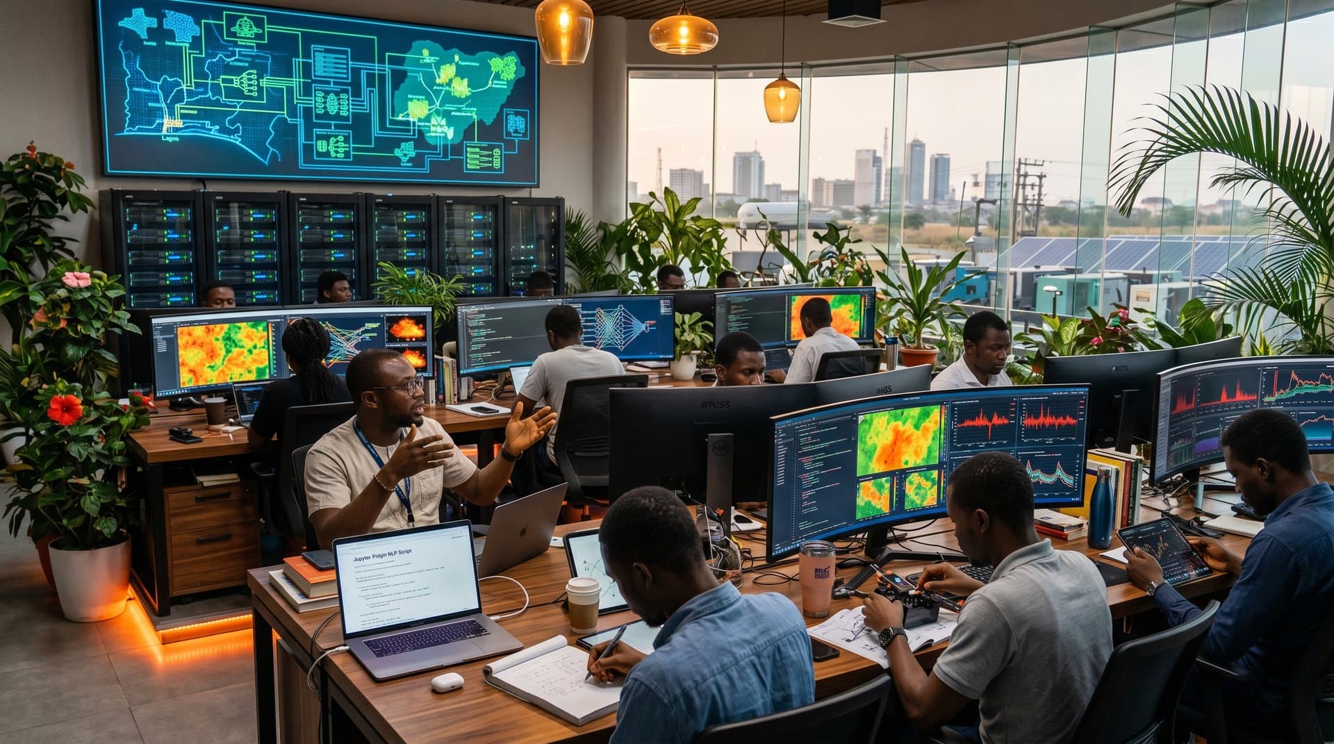 AI lab in Nigerian tech hub with GPU racks, monitors showing agritech and fintech models, overlooking urban-savanna blend