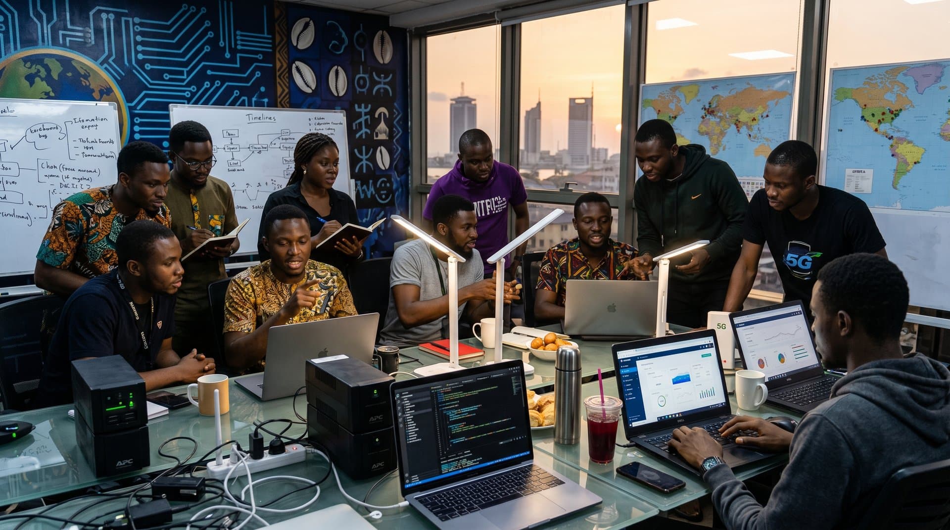 Lagos CcHUB tech hub developers working on AI and fintech, Nigerian motifs, resilient infrastructure elements