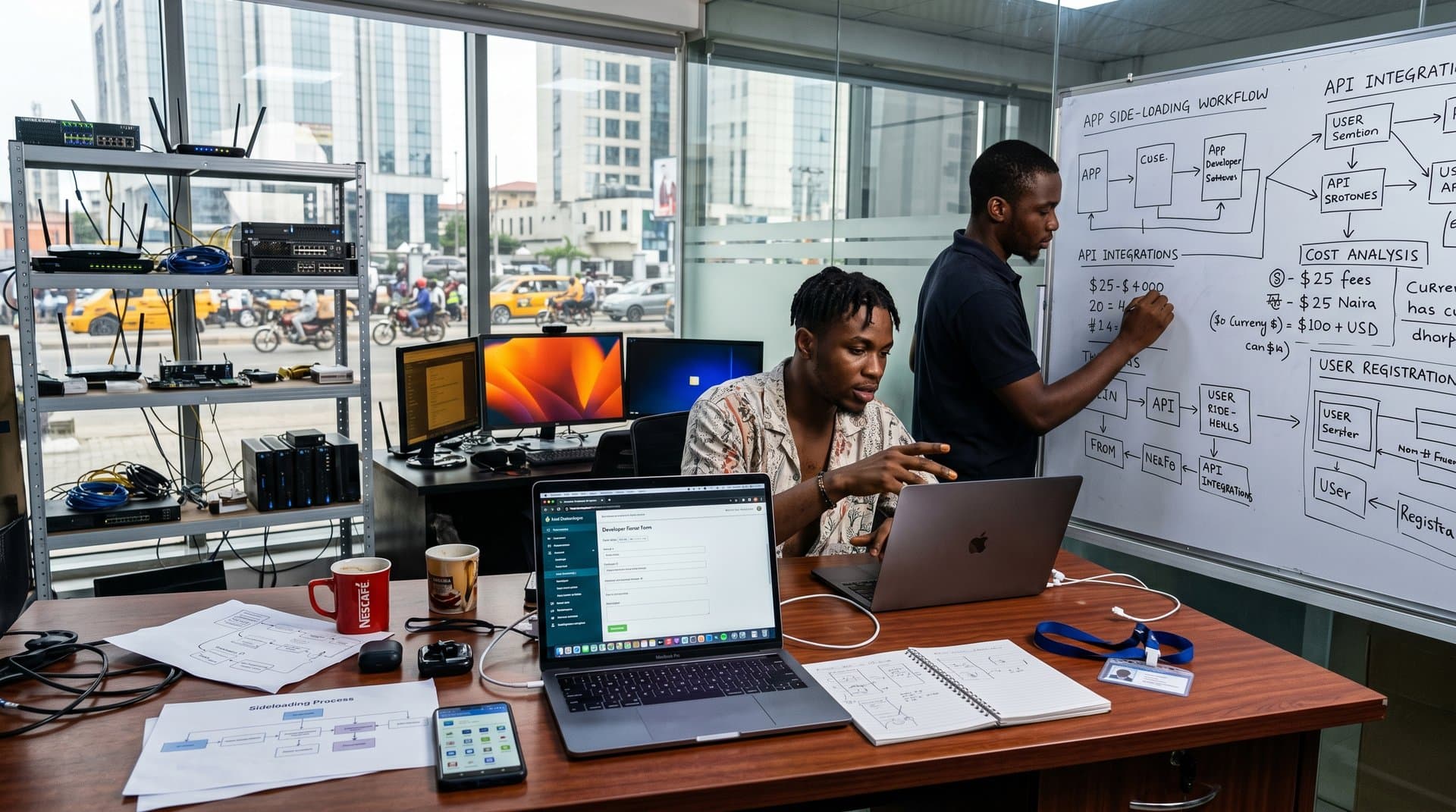 Lagos tech desk with Android phone showing F-Droid, laptop on developer fee forms, whiteboards of policy diagrams amid innovation hub vibe
