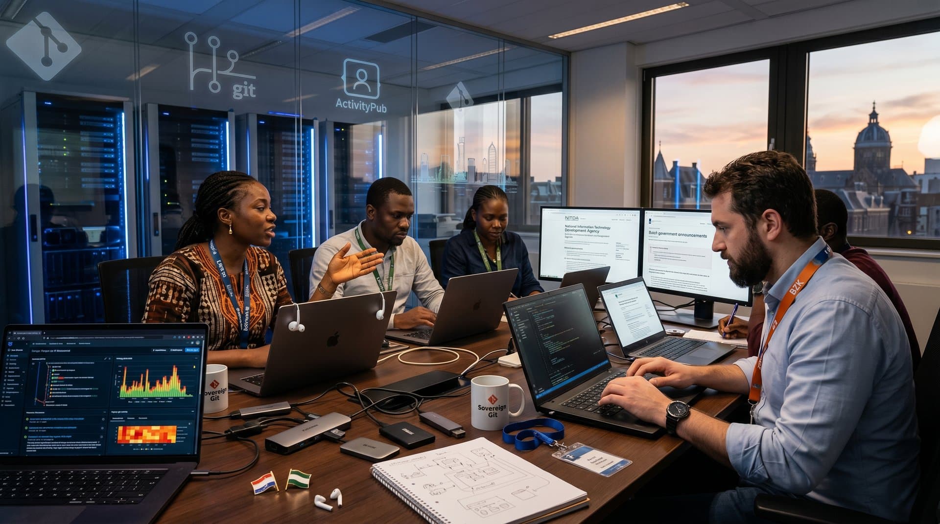 Dutch government open-source platform screens with Forgejo repos and dashboards in modern tech office, symbolizing sovereign dev for Nigeria