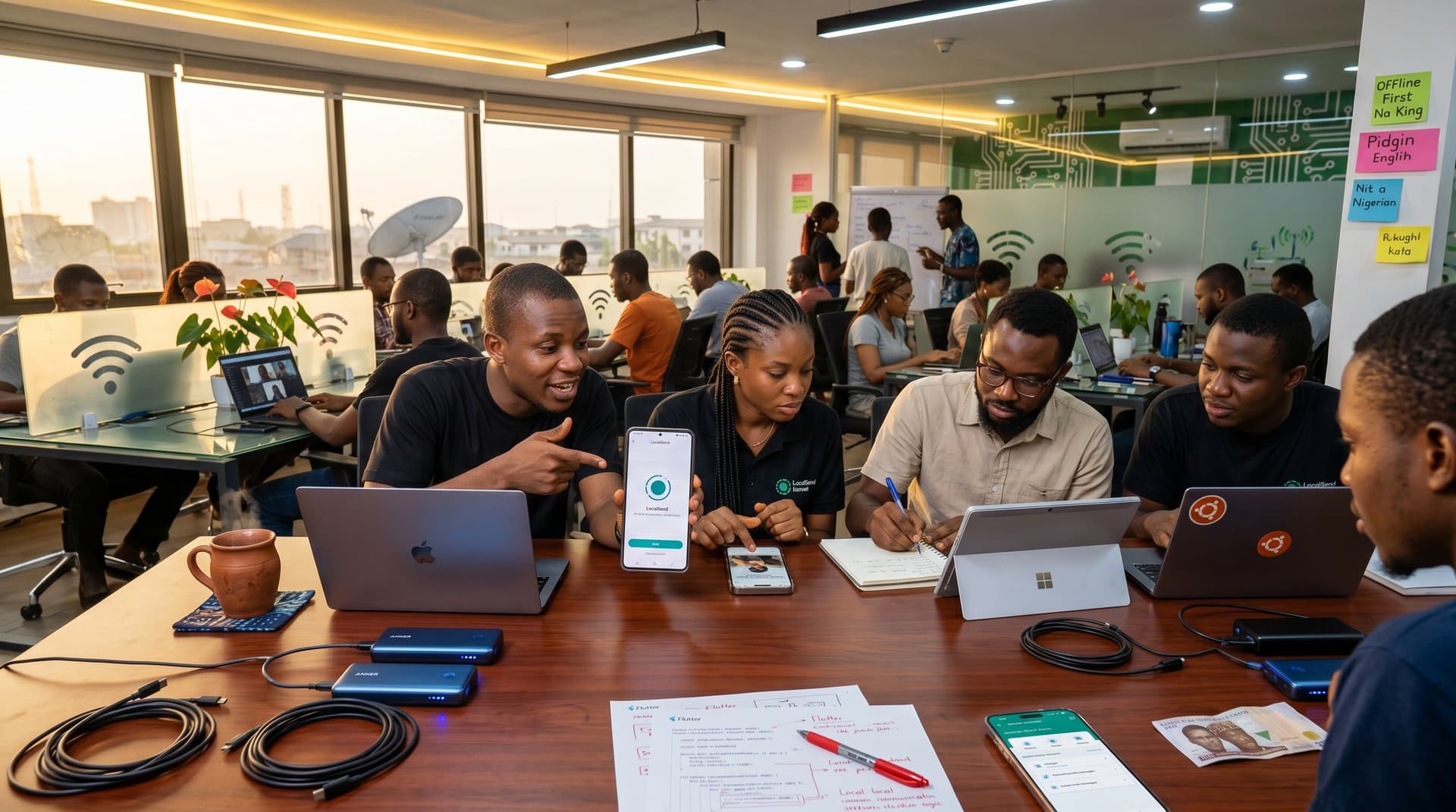Lagos coworking table with devices running LocalSend file sharing app, WiFi icons, and tech accessories in innovative African setting