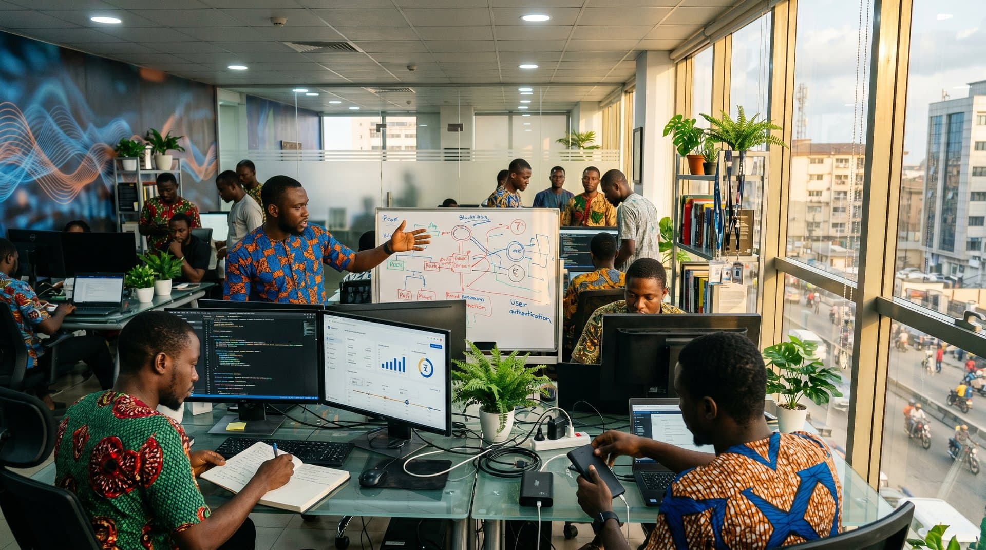 Lagos tech hub developers coding AI chatbots for fintech on laptops amid Nigerian innovation decor and infrastructure nods