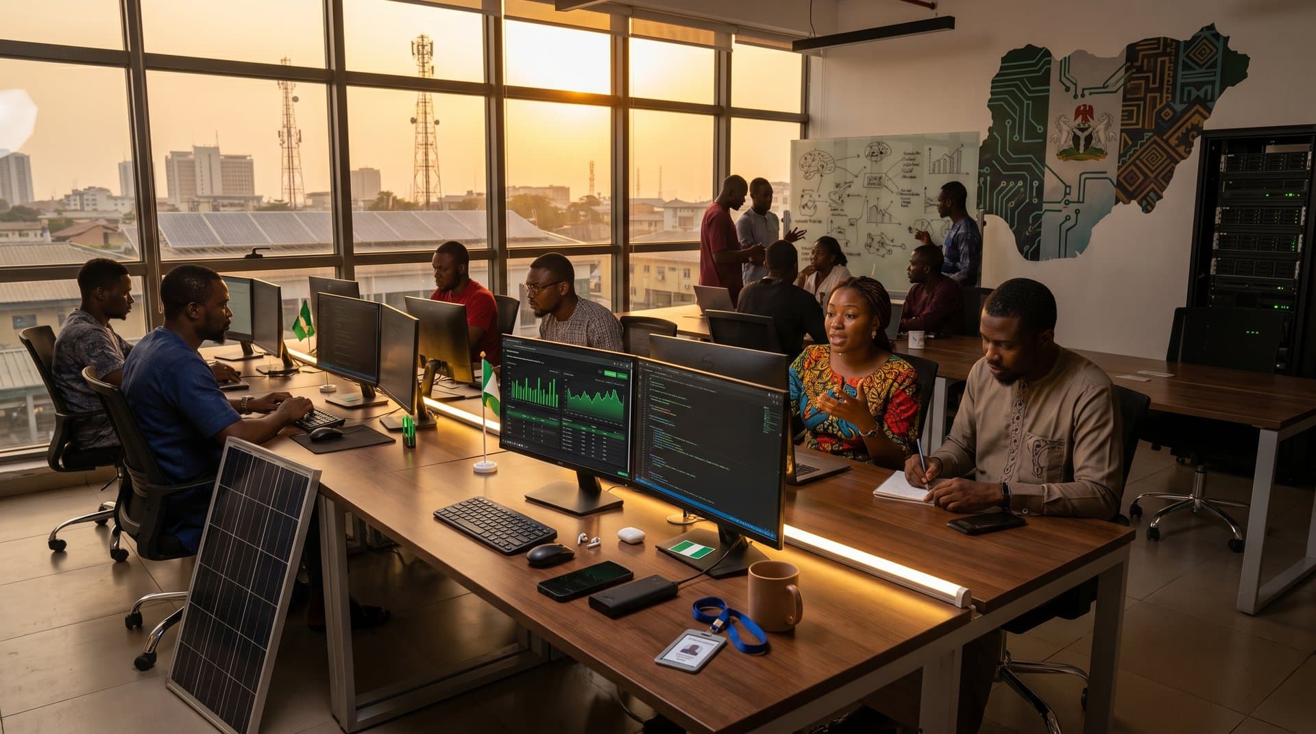 Lagos CcHUB tech hub with monitors showing Llama 3.1 vs DeepSeek benchmarks, power banks, solar chargers, and Nigerian developers symbolizing open-source AI innovation.