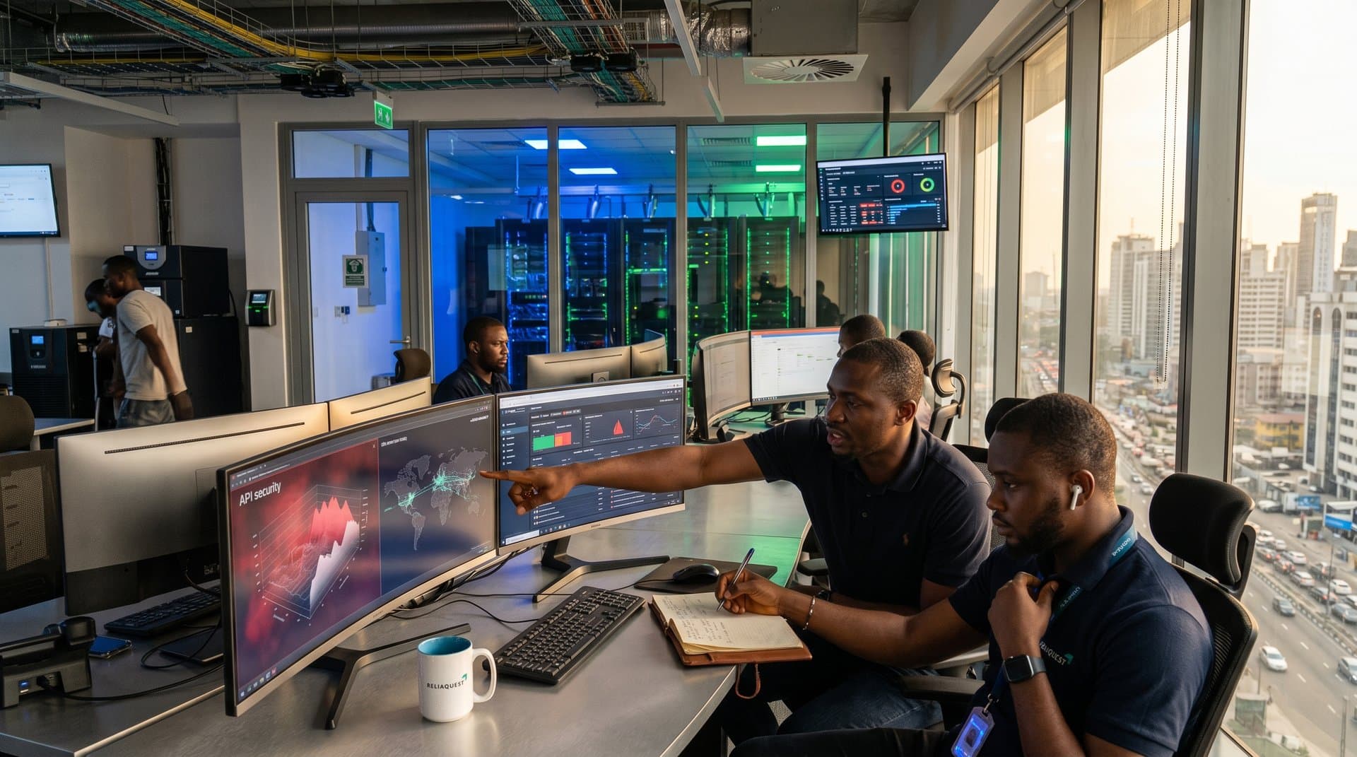 AI cybersecurity dashboards in Lagos data center with server racks and skyline view
