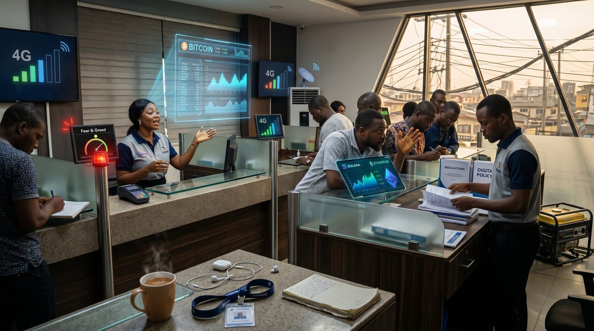 Abstract scene of Nigerian bank with crypto holograms, regulatory docs, and infrastructure elements highlighting adoption barriers