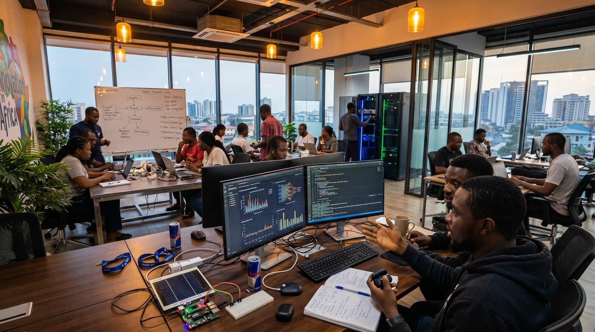 Lagos CcHUB tech hub with laptops showing AI benchmarks, collaborative tables amid Nigerian innovation murals and edge devices