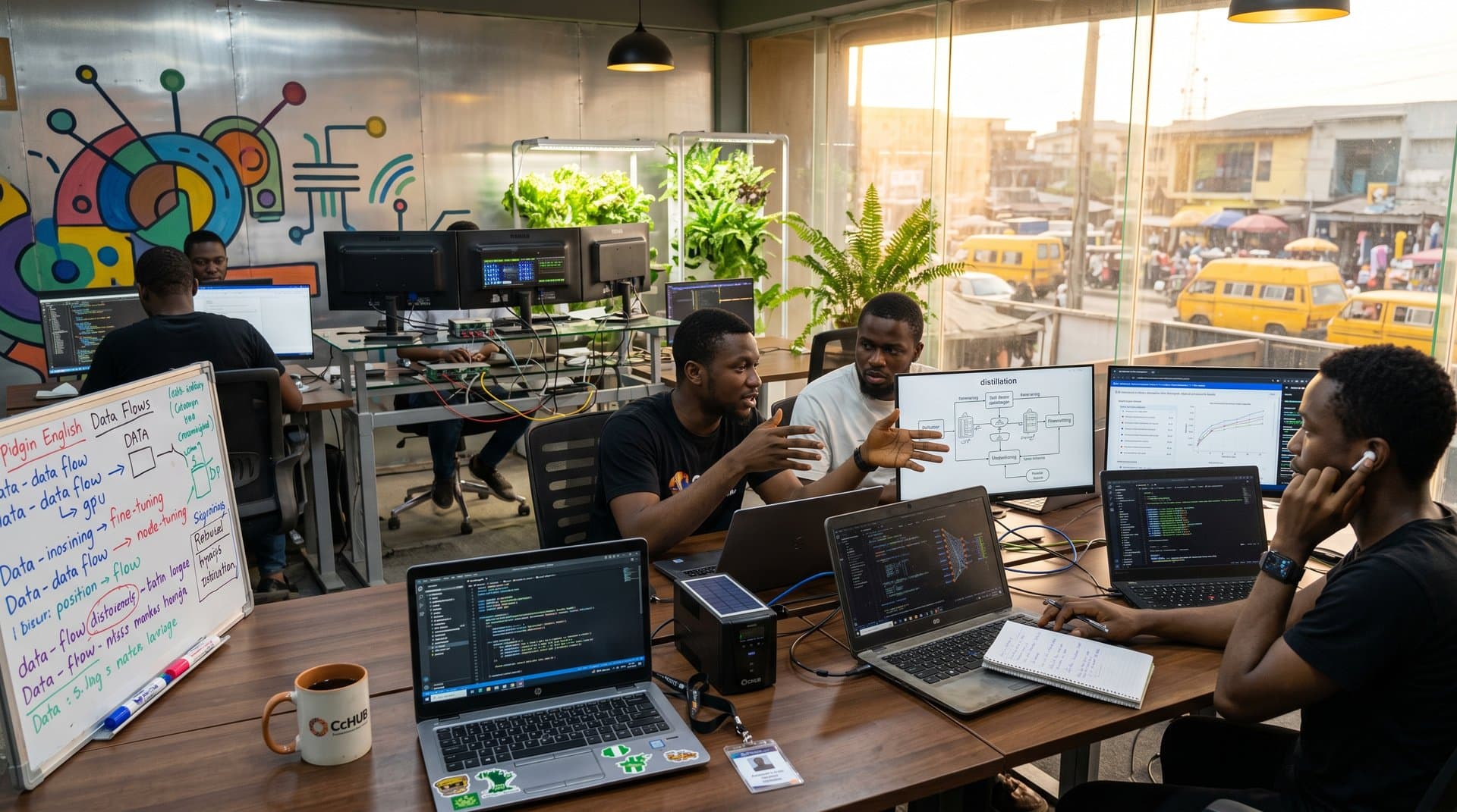 African developers at Lagos CcHUB working on efficient open AI models with code screens, UPS units, and innovation diagrams in vibrant hub