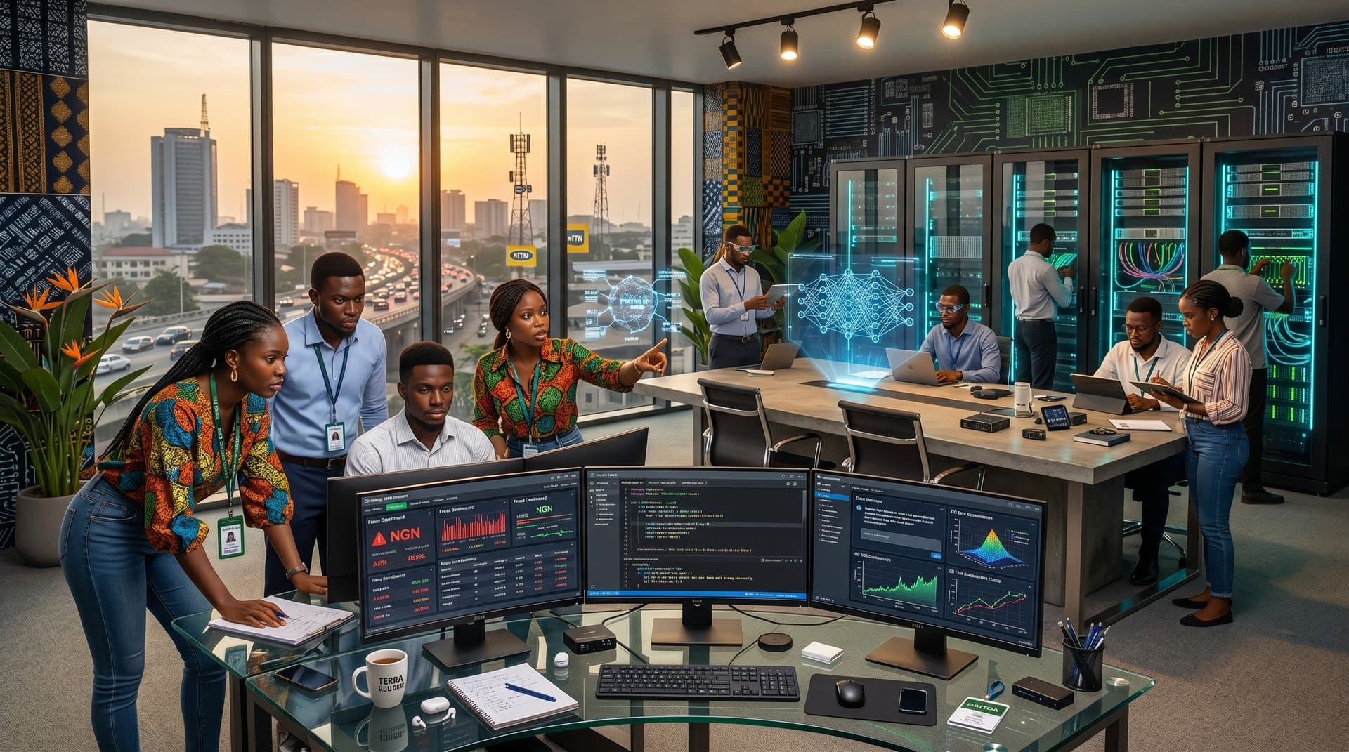 Lagos AI hub with fraud detection screens, AR neural projections, and GPU servers under urban skyline