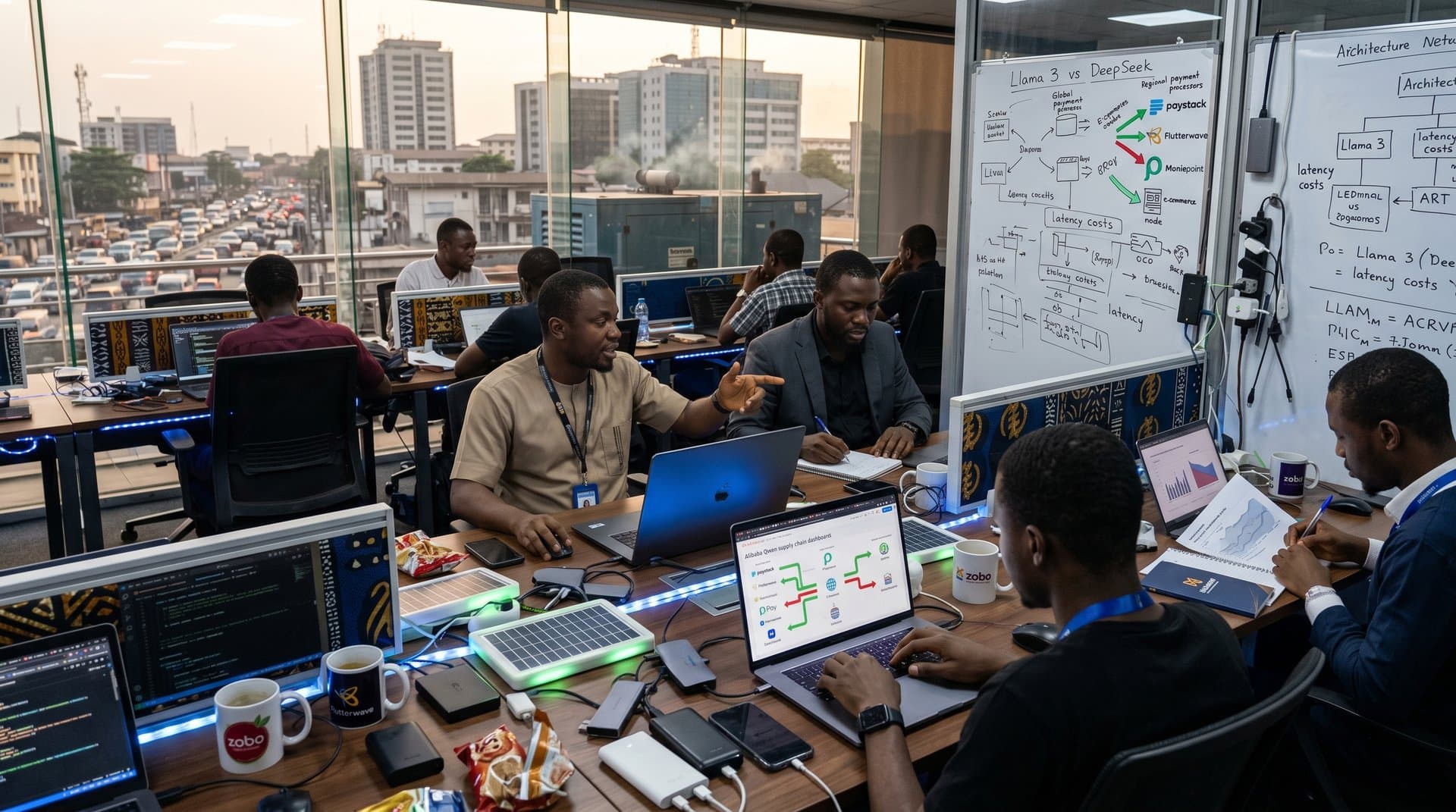 Lagos developers analyze Chinese AI models and supply chain charts in a bustling tech hub amid power generators