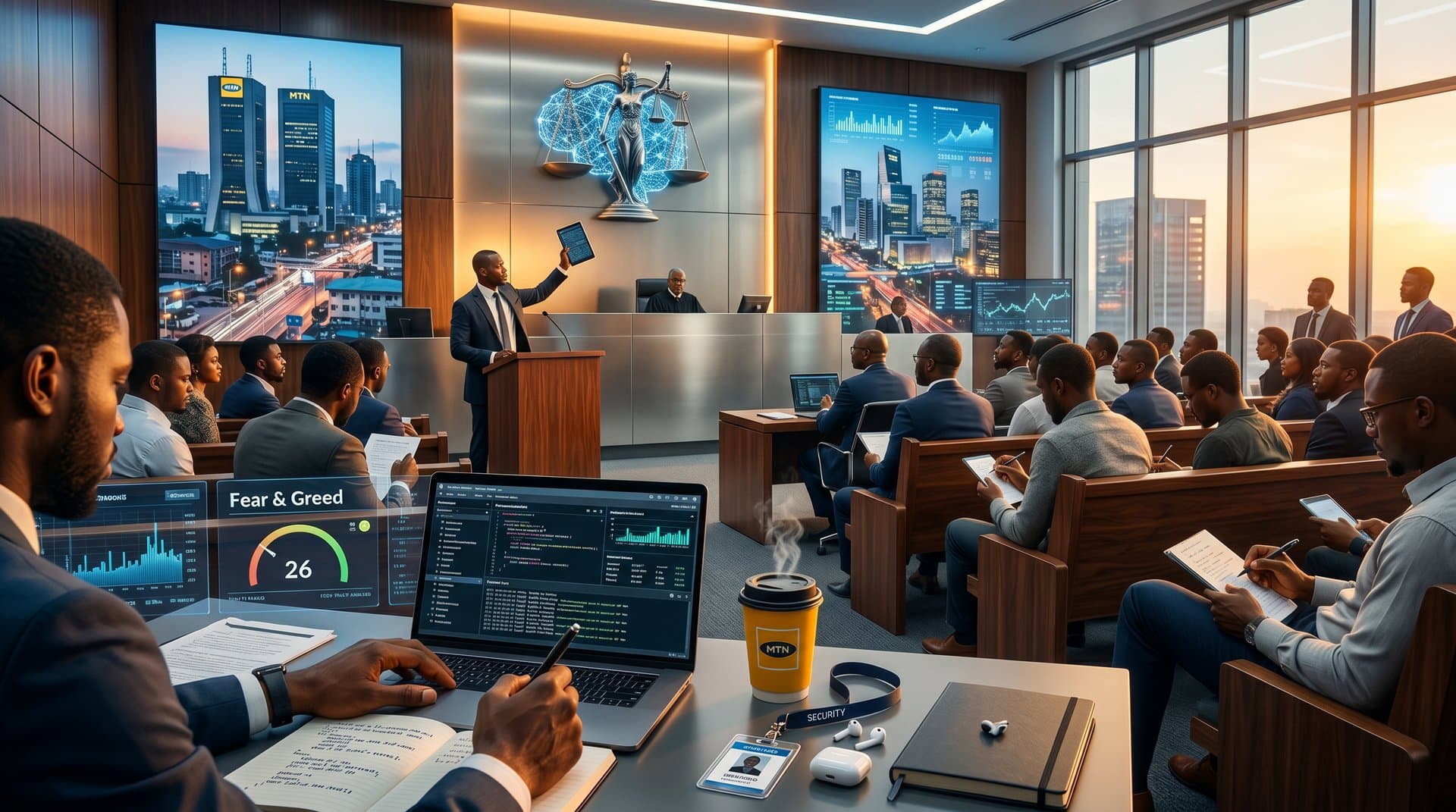 AI neural networks blending courtroom scales with Lagos skyline, cybersecurity dashboards, and OpenAI API logs