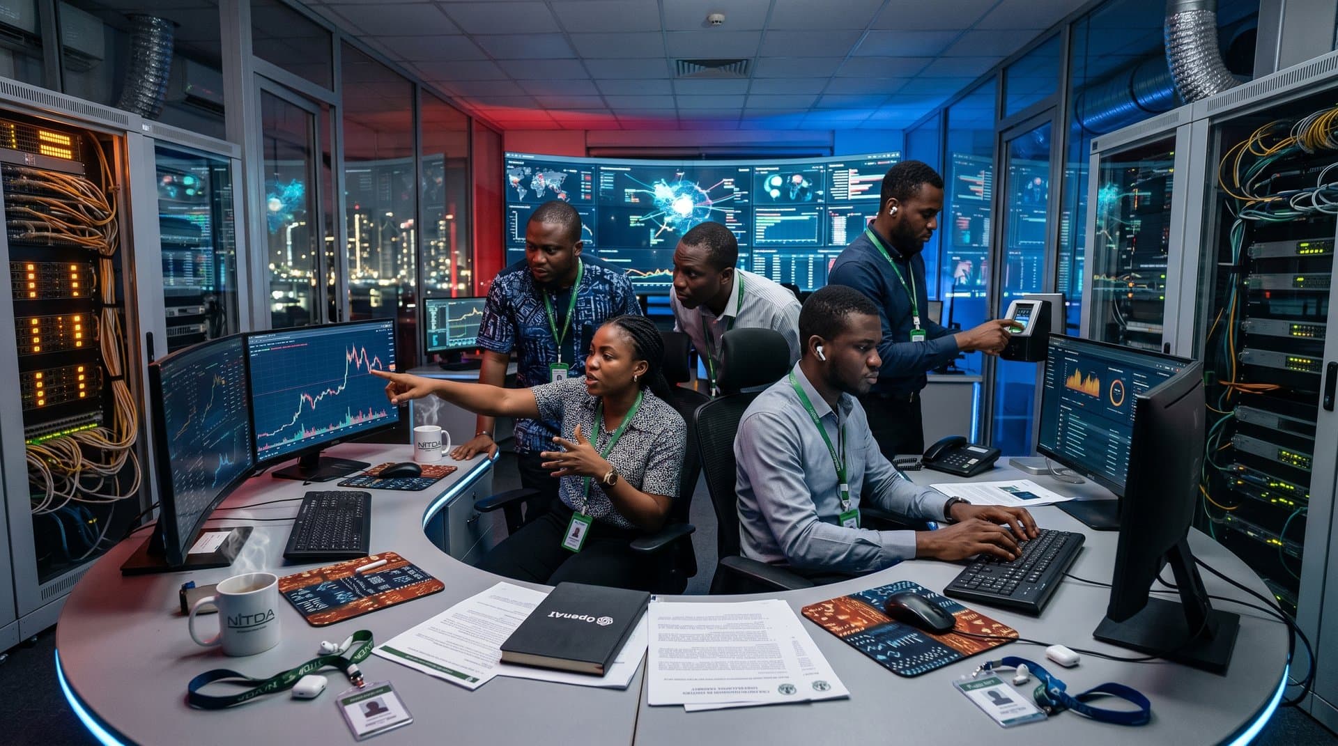 Engineers monitor OpenAI cybersecurity framework dashboards on curved video walls in a high-security Lagos data center with server racks, LED lights, and fintech threat maps