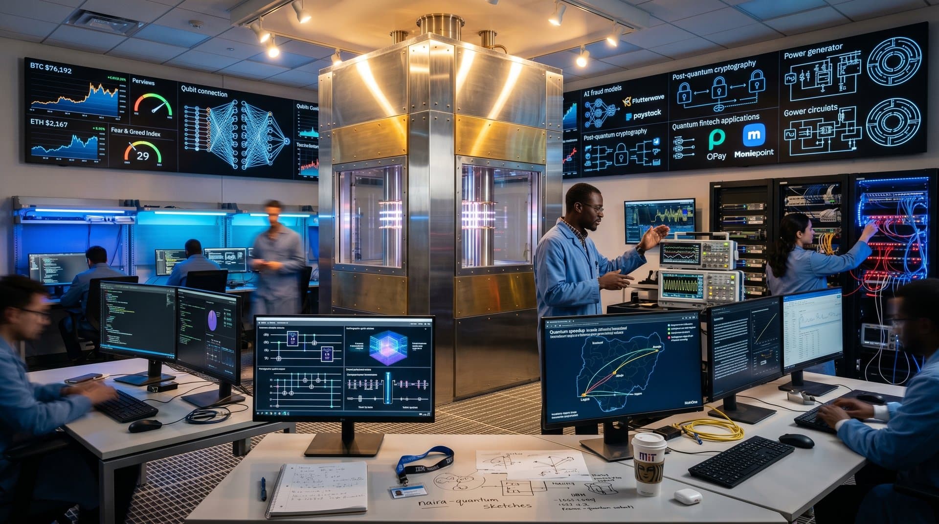 Quantum lab with cryogenic processor, control consoles, qubit data screens, fiber cables, and server racks in professional tech setting