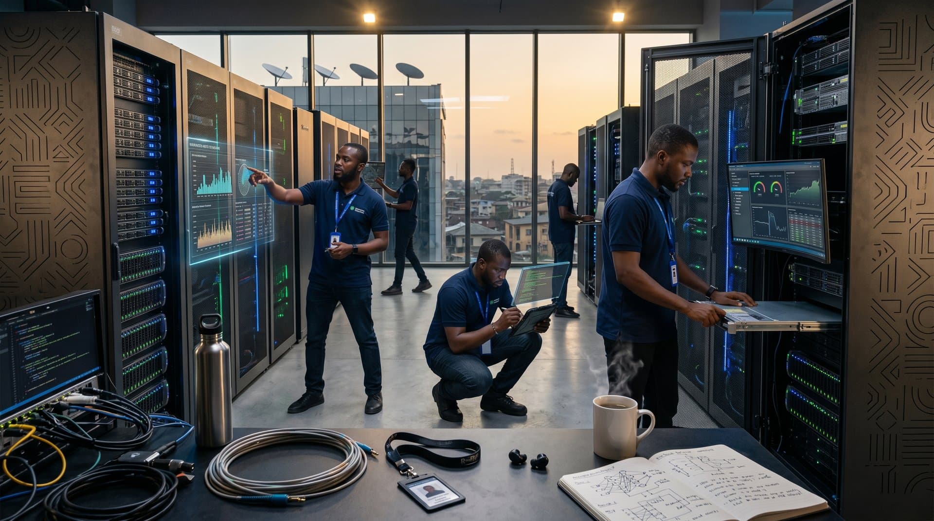 Lagos data center with server racks, GPU clusters, and AI model displays under LED lights
