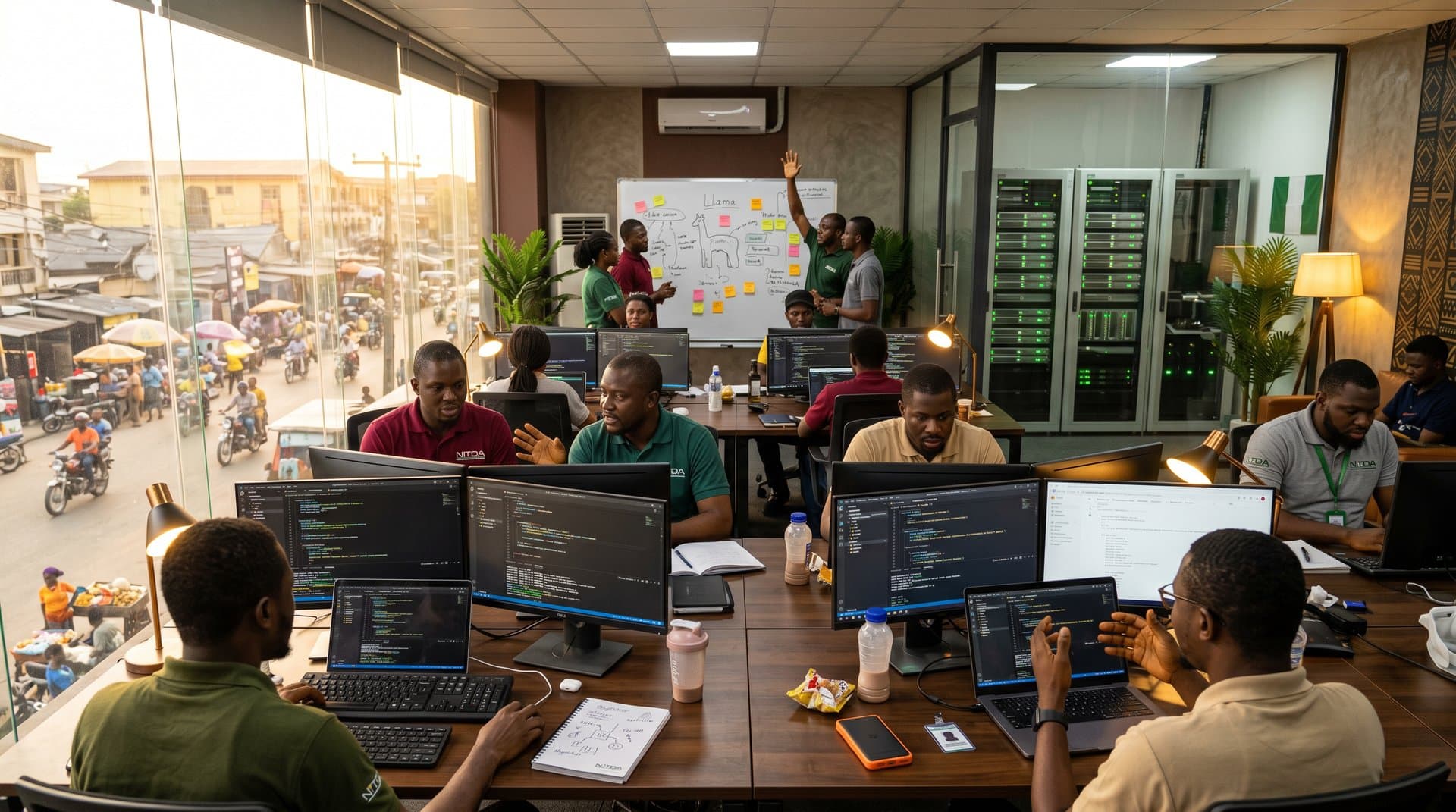Lagos CcHUB tech hub with monitors showing open-source AI code, edge servers, and Nigerian tech infrastructure elements