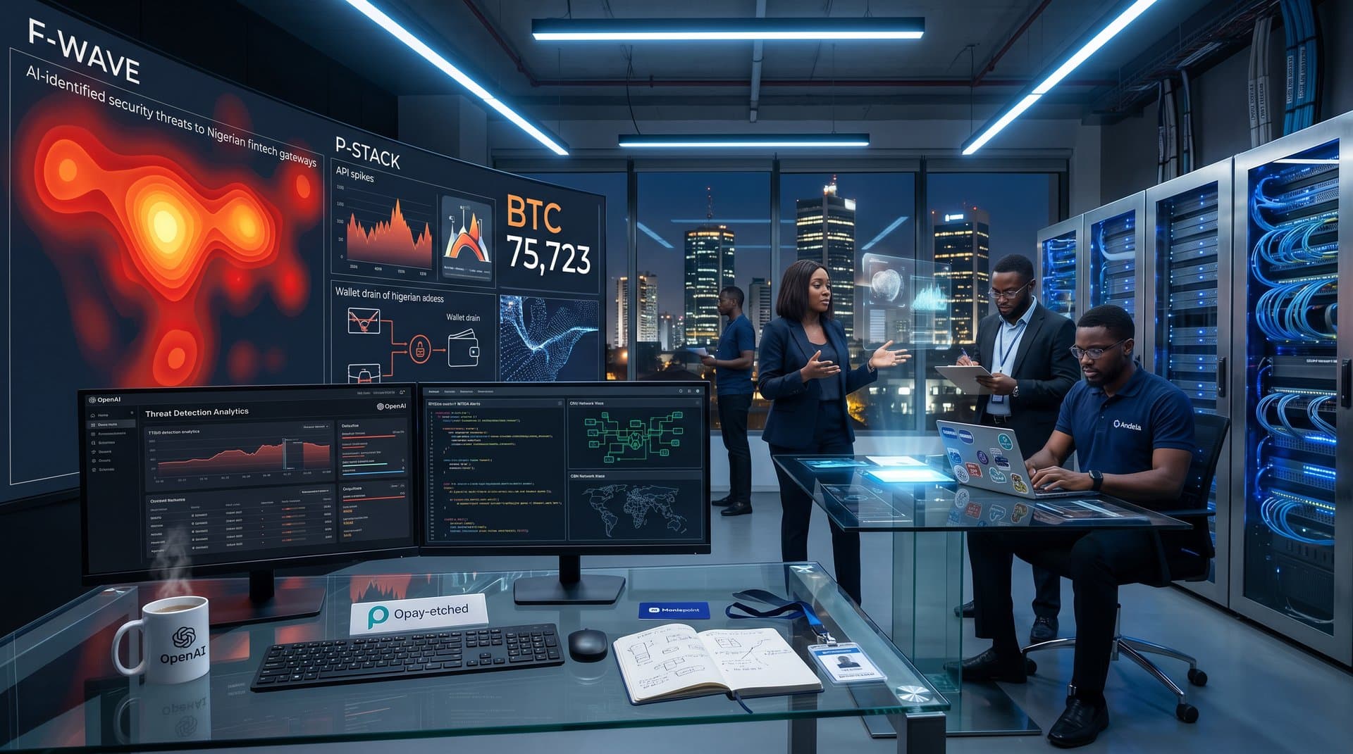OpenAI cybersecurity ops center with threat maps for Nigeria fintech on video wall amid glowing servers