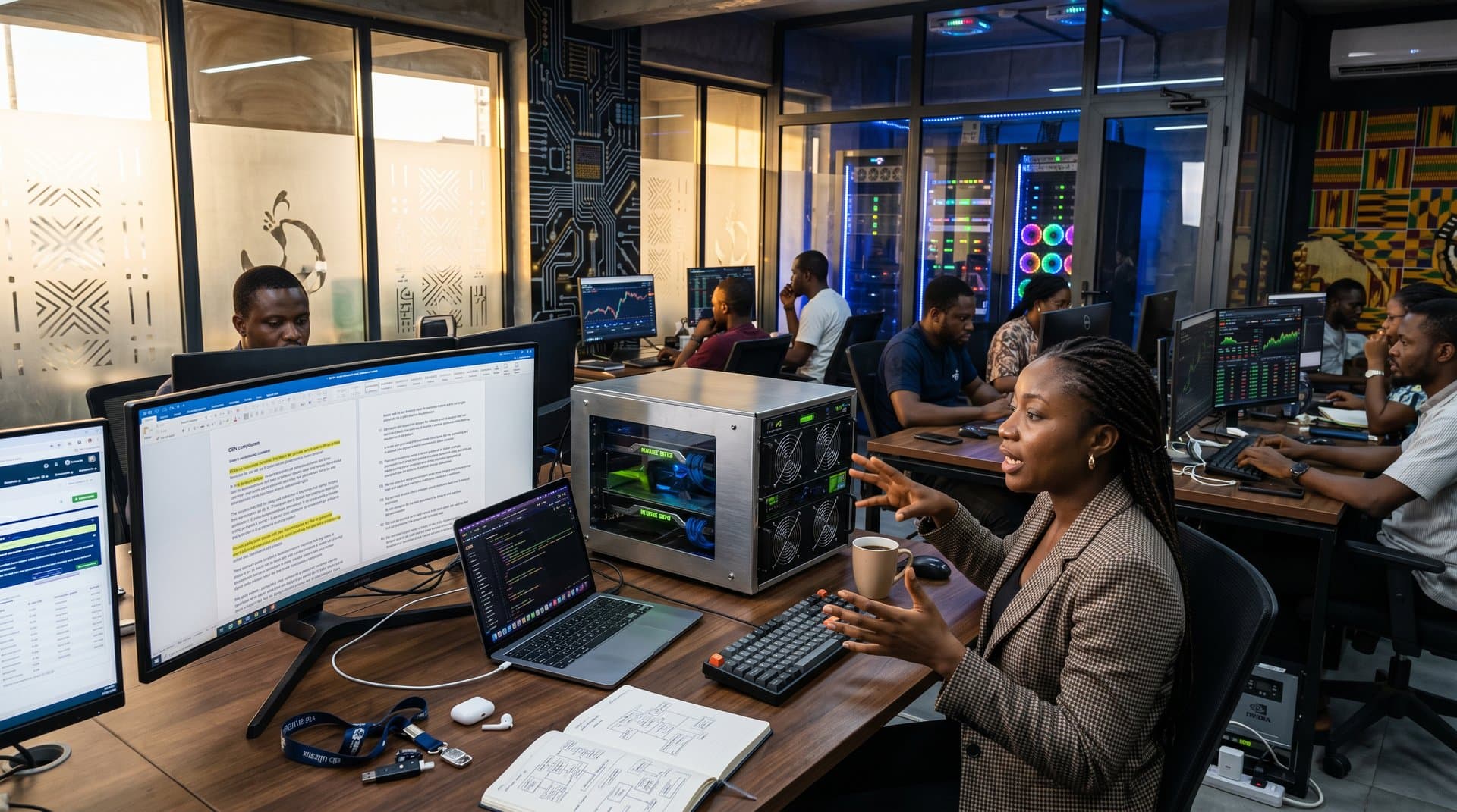 Yaba Lagos CcHUB office with AI screens showing contract extractions, GPUs, fintech charts, embodying Nigeria legal tech innovation