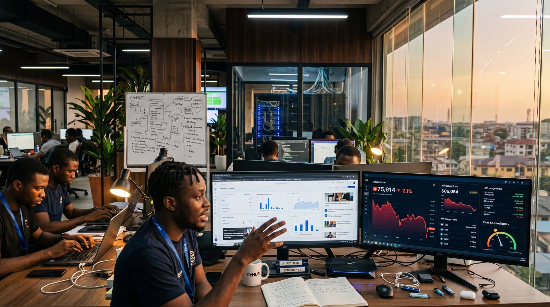 Lagos tech hub screens show OpenAI trial updates, BTC charts, and Azure metrics amid modern office setup