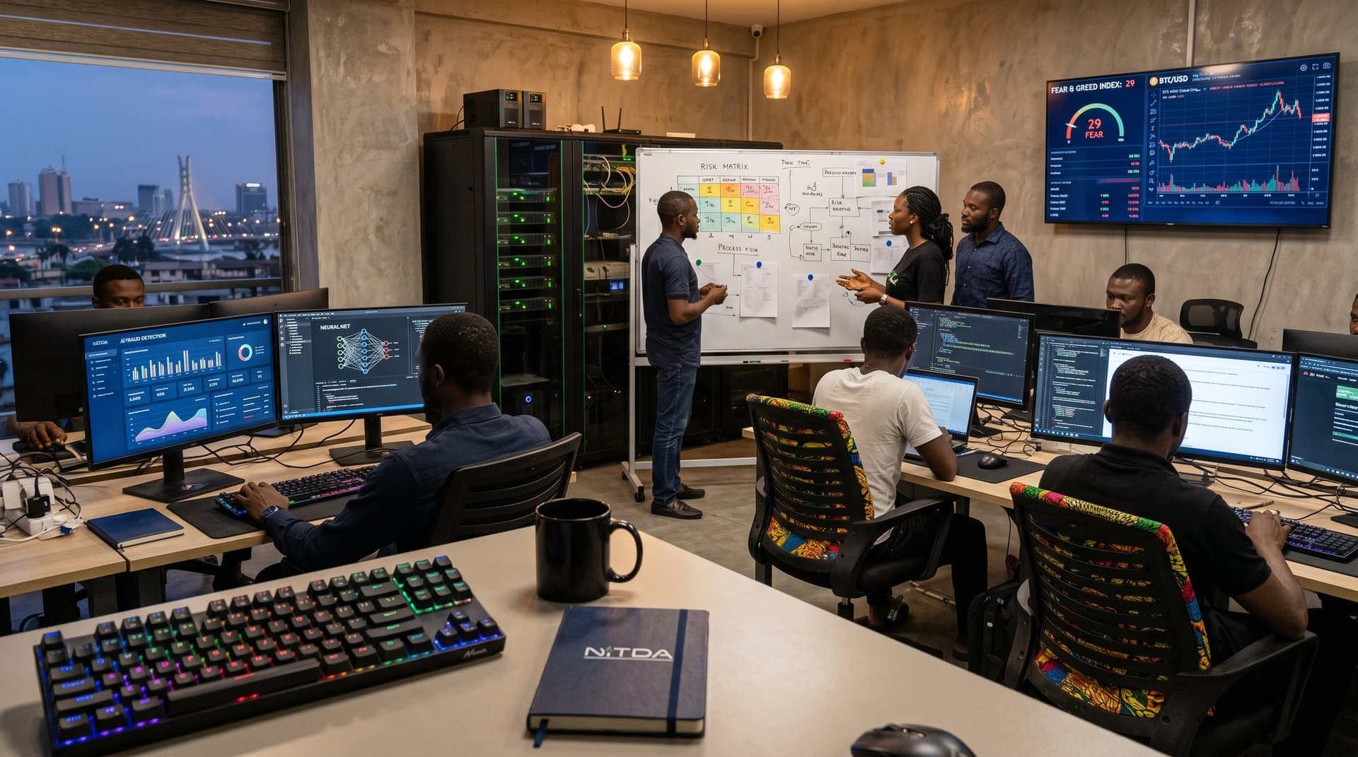 Lagos fintech team analyzes AI dashboards and Fear Index in modern office with Nigerian skyline and server racks