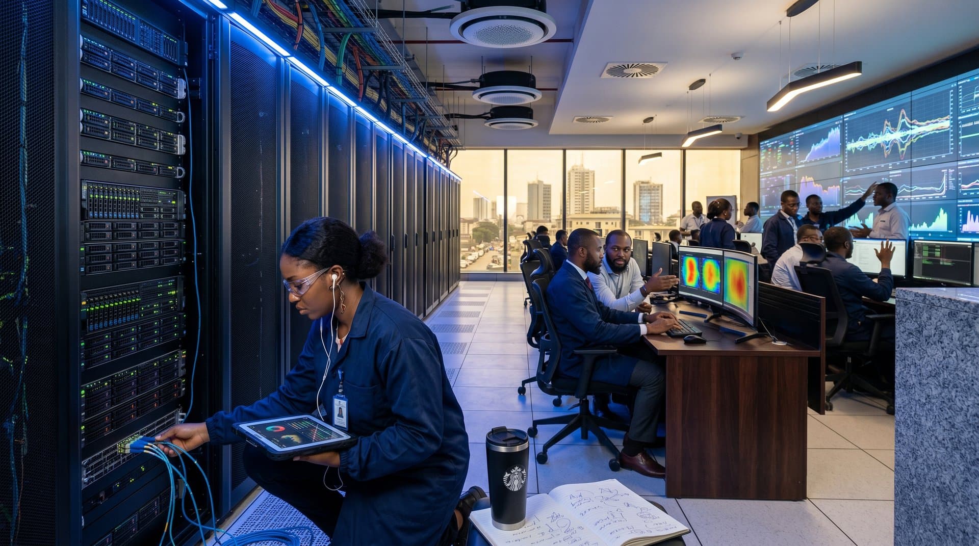 Engineer adjusts server in busy Tier IV data center with racks, monitors graphing AI data, technicians at walnut desks under LED lights