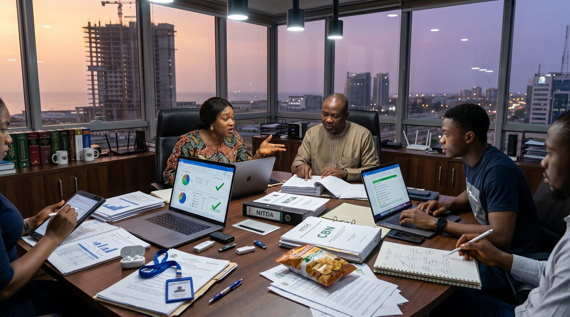 AI dashboards highlighting compliance risks amid legal contracts in Lagos office with skyline