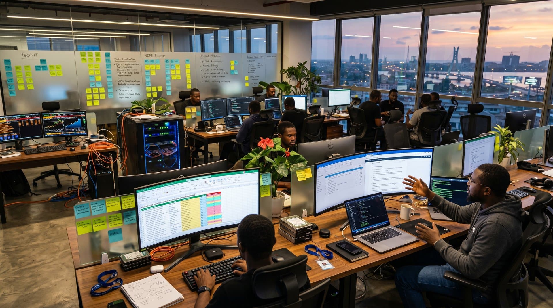Silhouetted lawyers and developers at Lagos tech hub desks reviewing AI-processed NITDA legal documents on multi-monitors amid compliance workflows