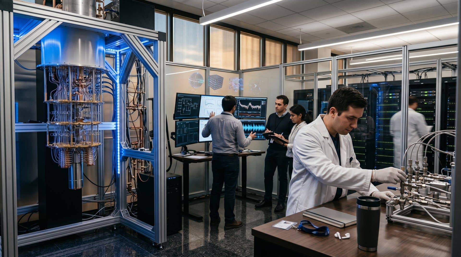 IBM quantum lab with cryogenic hardware, monitors showing qubit circuits, and server racks