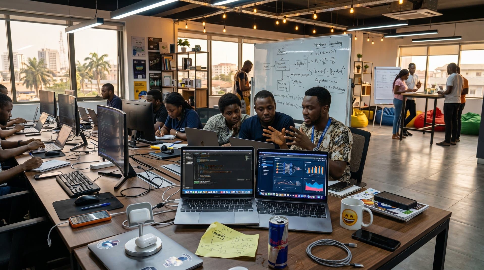Lagos tech hub with AI code on screens, whiteboards, city view, and infrastructure nods like solar backups in a dynamic African innovation space.