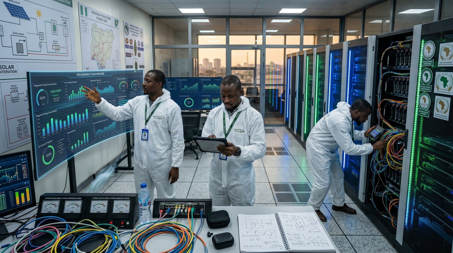 Engineers monitor AI dashboards in efficient Lagos data center with server racks and energy-efficient cooling