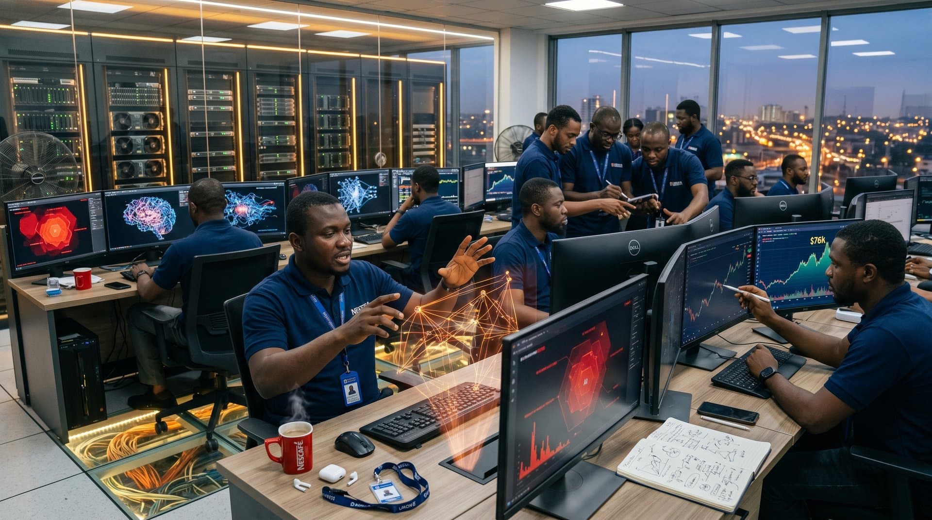 Engineers monitor AI cyber threat dashboards and crypto price feeds in Lagos data center control room