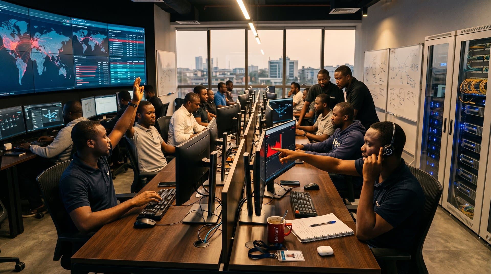 Cybersecurity team at multi-monitor SOC desks monitoring AI threat maps and network alerts in modern African fintech headquarters