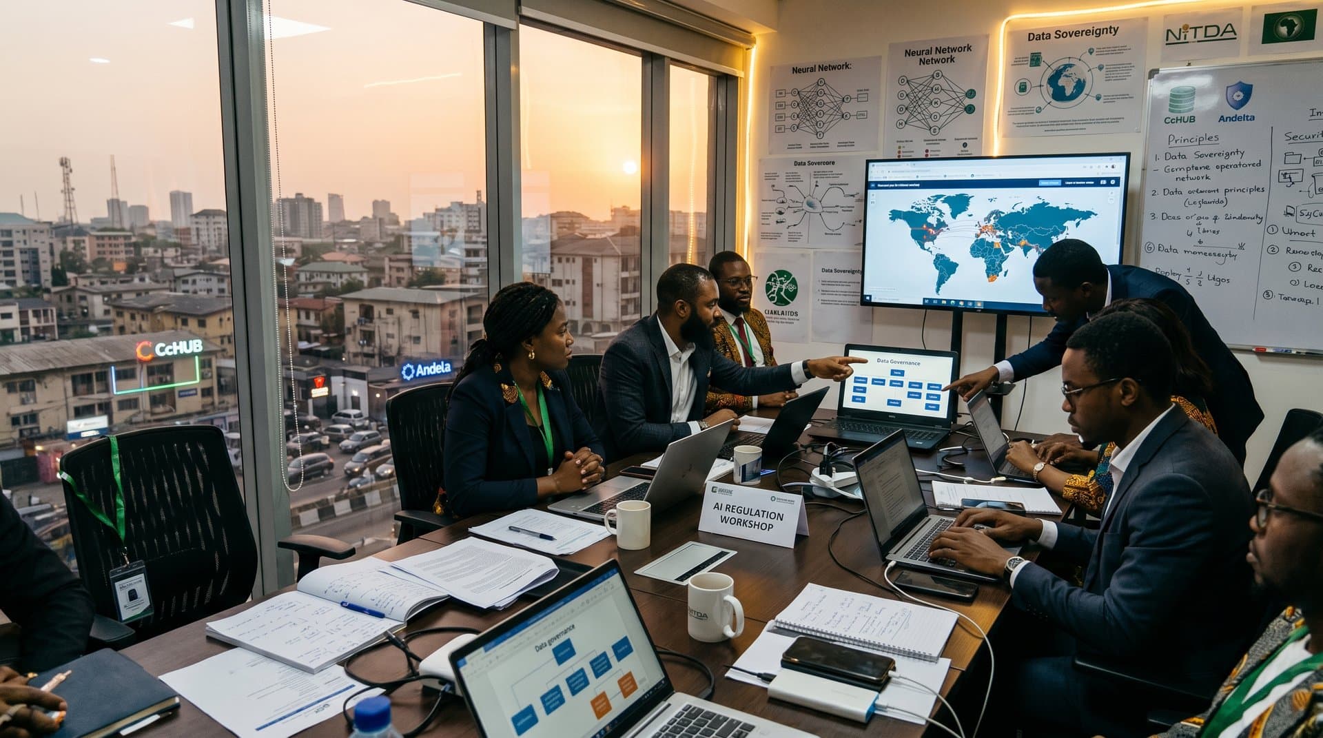 Silhouettes of African entrepreneurs in Lagos Yaba hub analyzing AI governance roadmap on laptops with regulatory maps, charts, power banks, and city skyline view