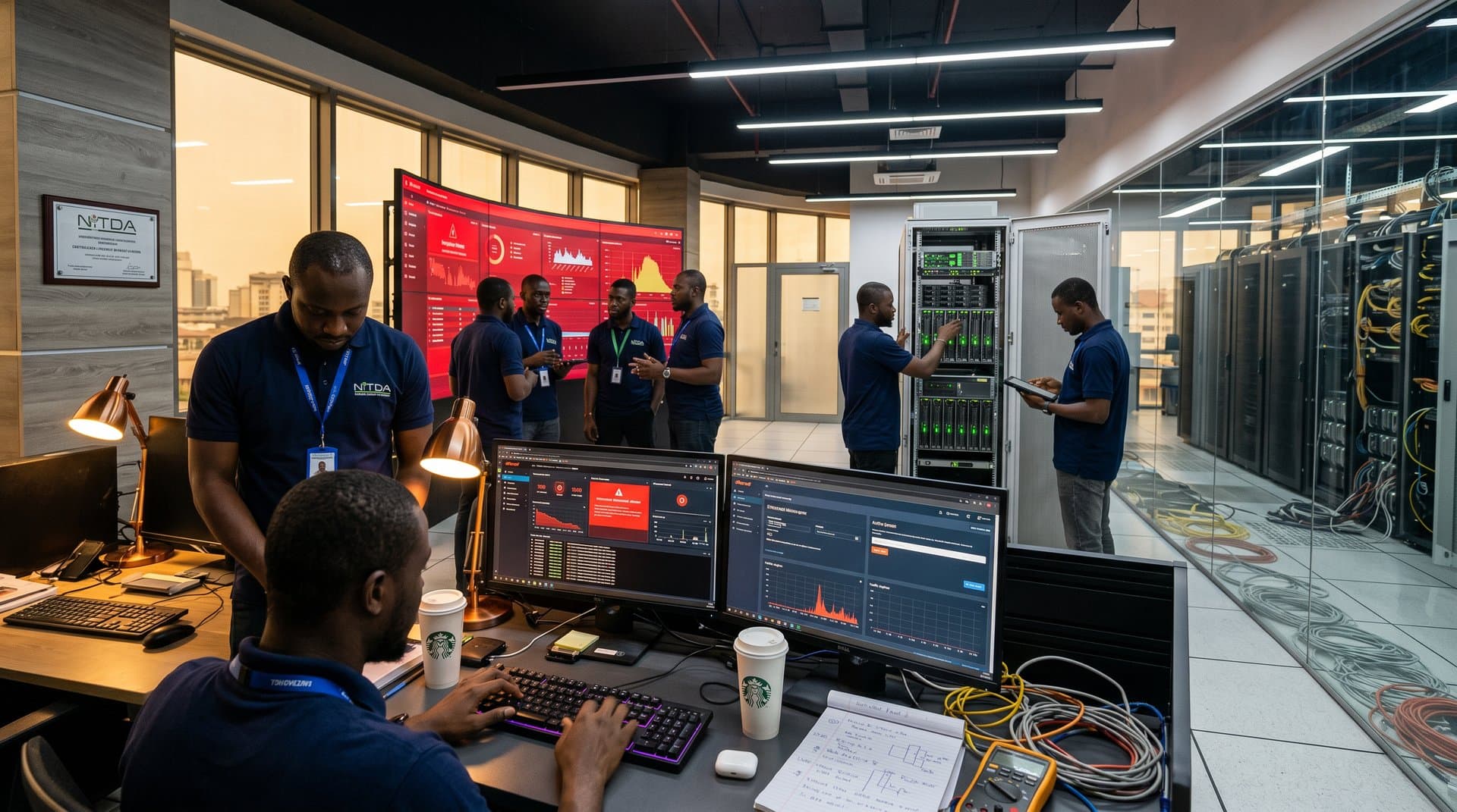 Engineers monitor cPanel alerts in Lagos data center with server racks and network cables