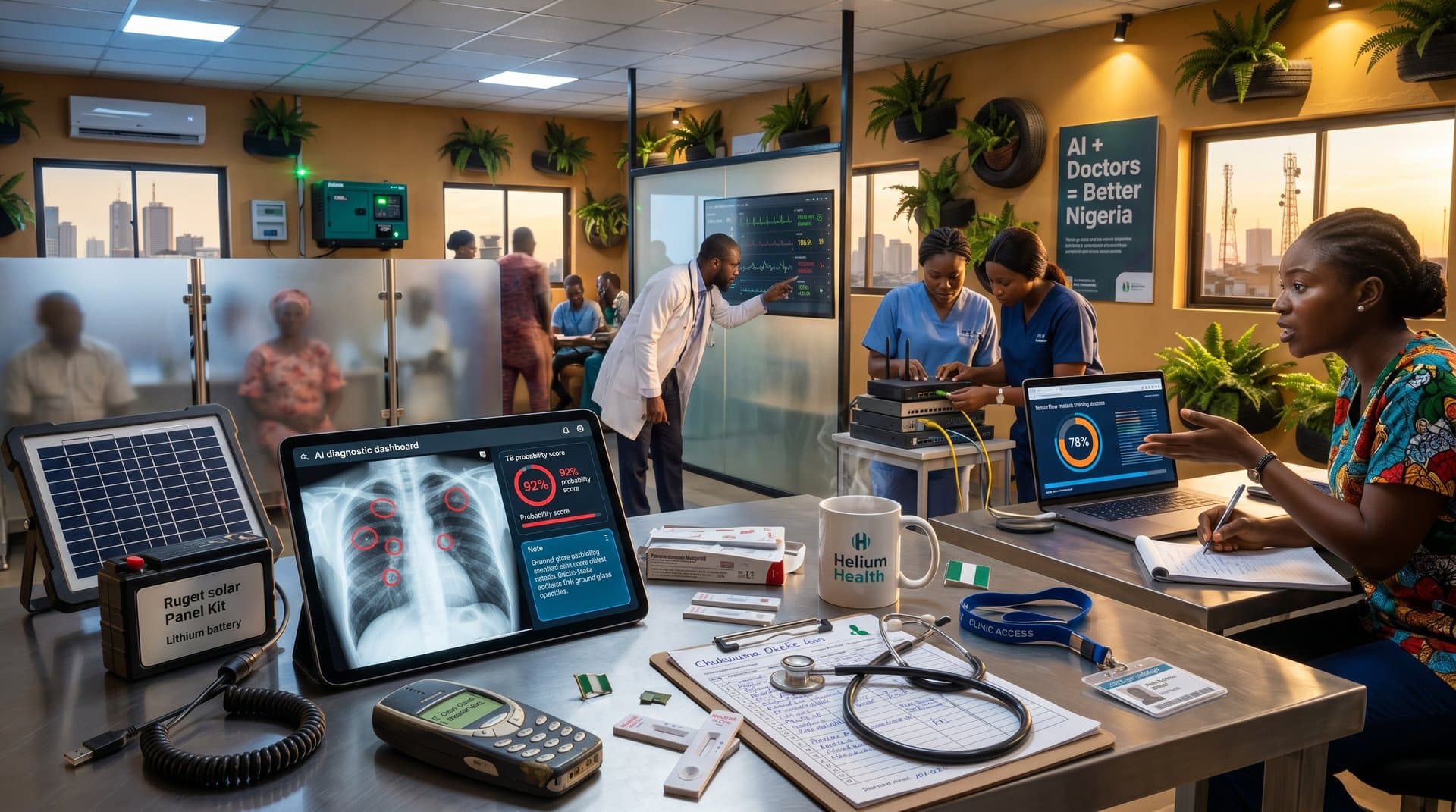 AI diagnostic screen in Lagos clinic highlights TB on X-ray amid solar-powered healthtech setup