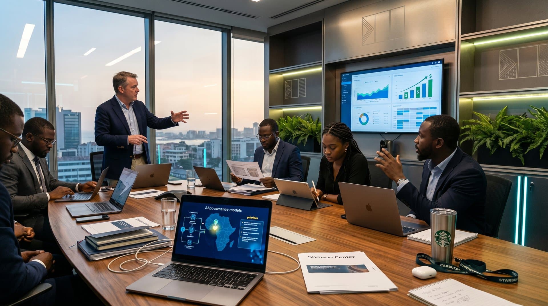 African tech leaders discuss AI governance roadmap in modern conference room with screens and city view