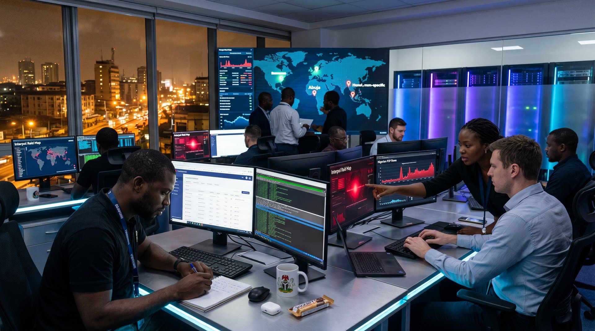Cybersecurity team monitors cryptocurrency scam centers threats on screens in Lagos operations center