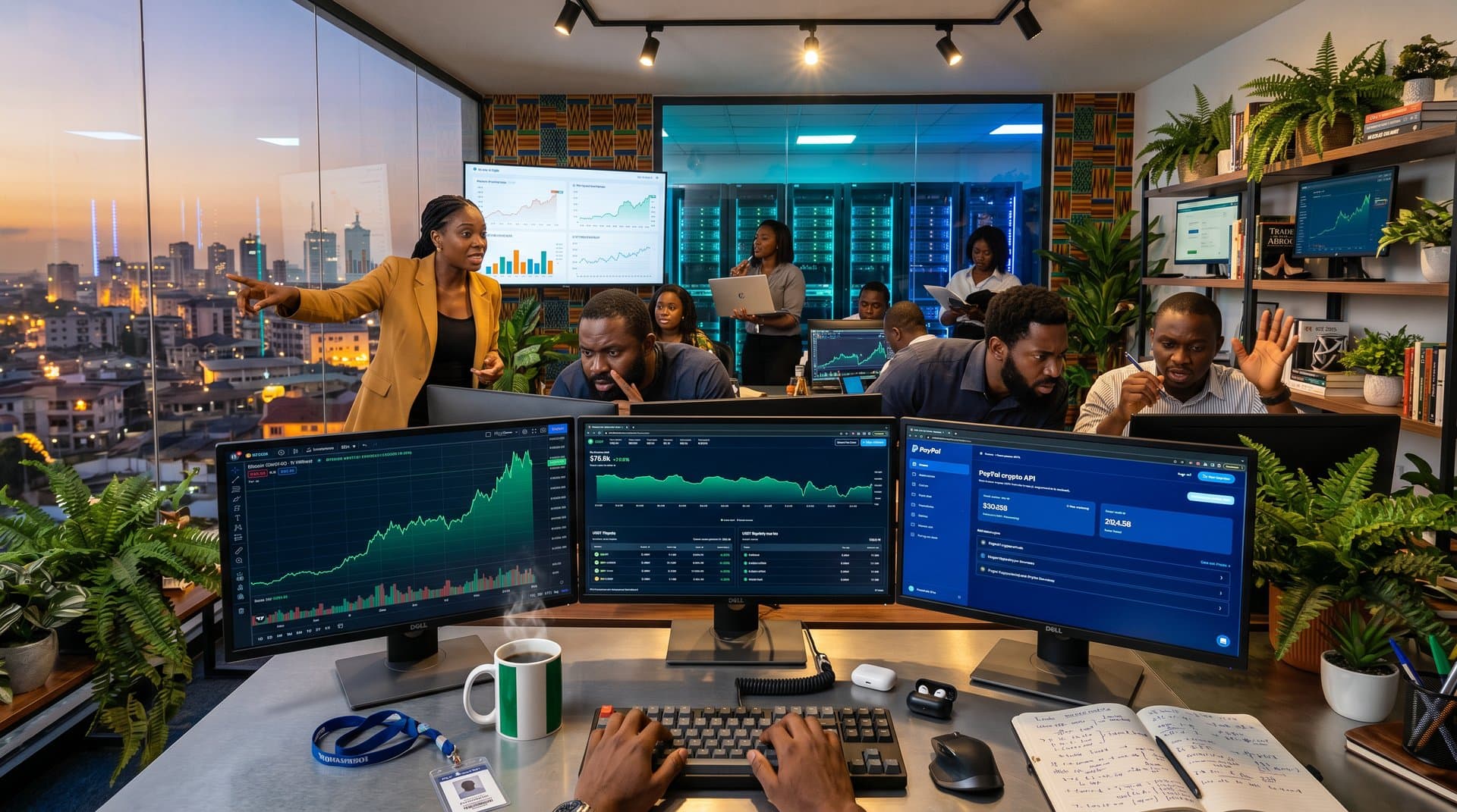 Lagos fintech team analyzing PayPal cryptocurrency division impact with BTC at $76,500 charts on monitors amid modern office setup