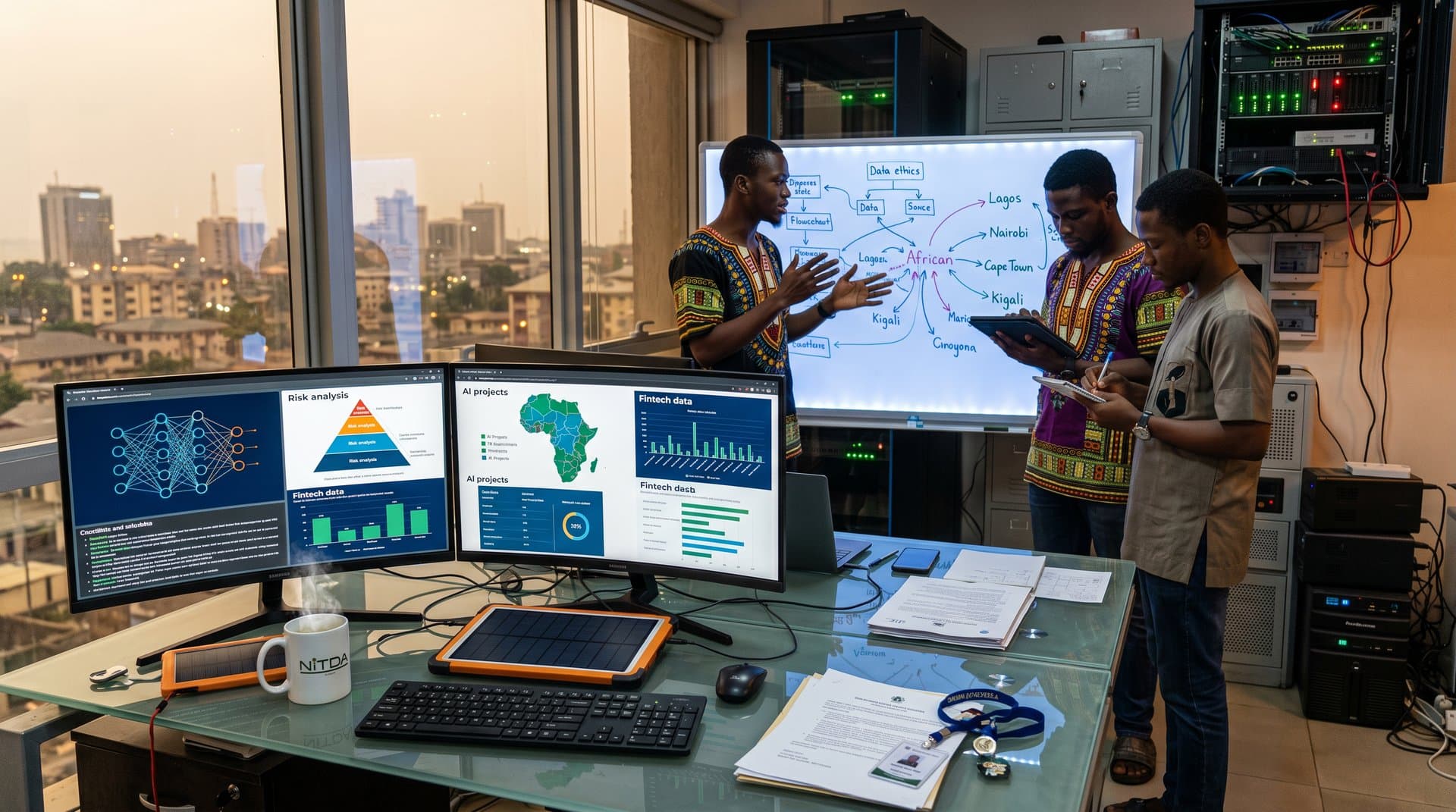 Lagos tech hub with AI governance screens, whiteboards, and infrastructure elements like solar backups