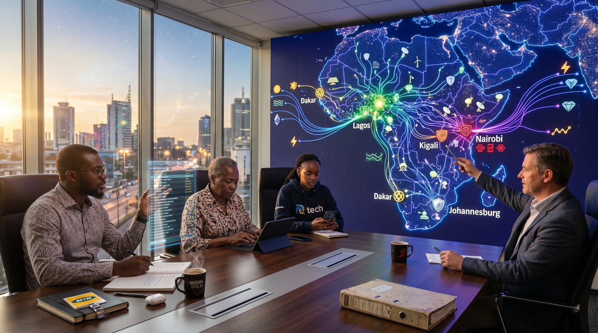 Glowing AI network map over Africa highlighting Nigeria tech hubs and crypto integration