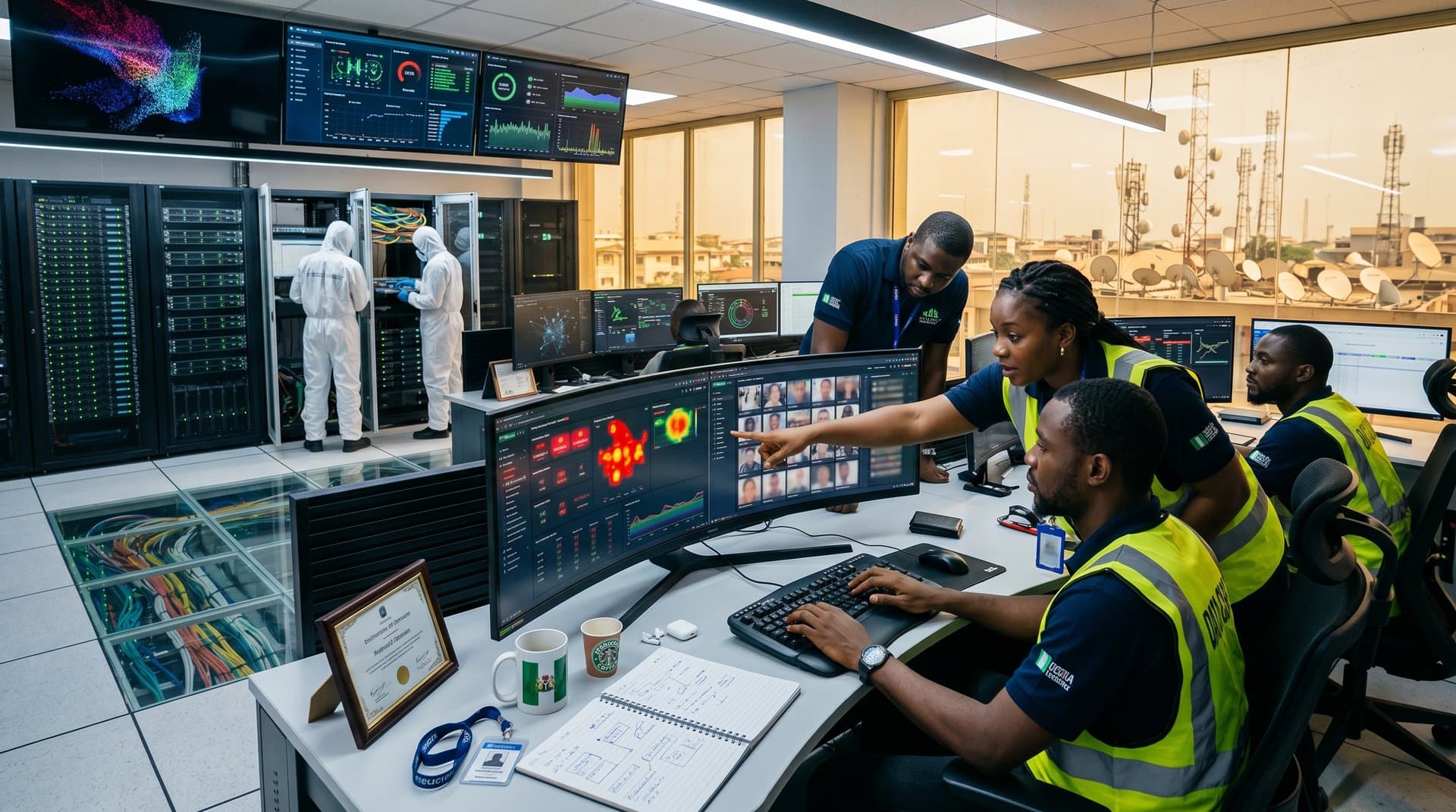 Engineers in Lagos data center monitor AI surveillance Africa dashboards amid glowing servers and compliance displays
