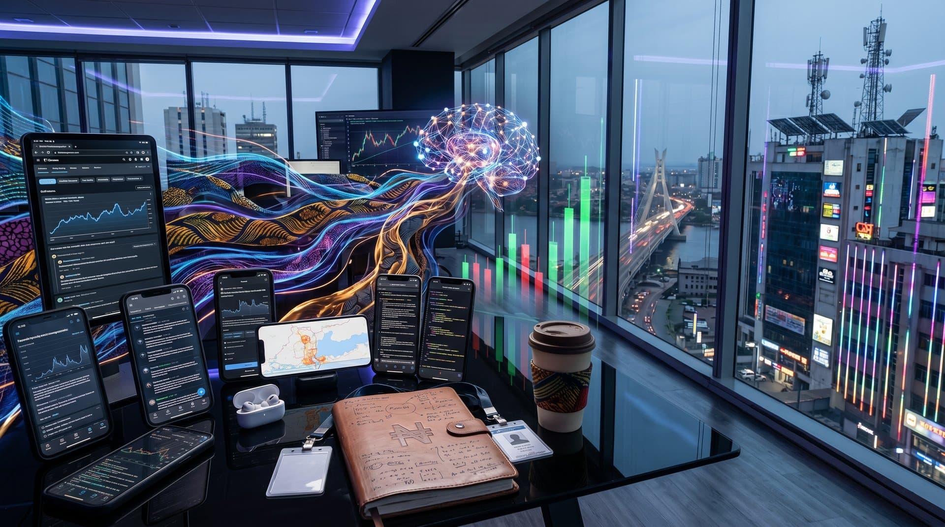 Reddit threads from Nigerian communities fueling AI neural networks with fintech data and Lagos skyline