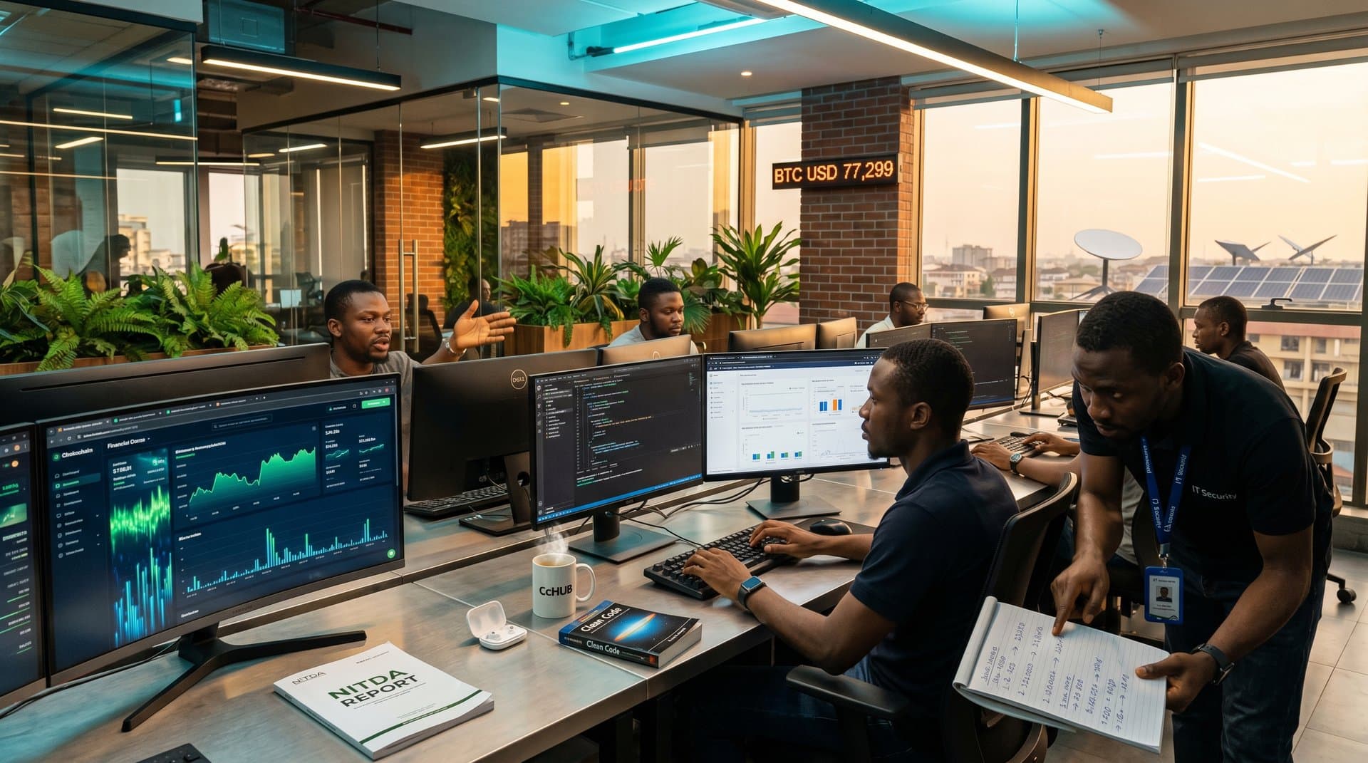 Engineers collaborate in modern Lagos tech hub office with screens, desks, and skyline view