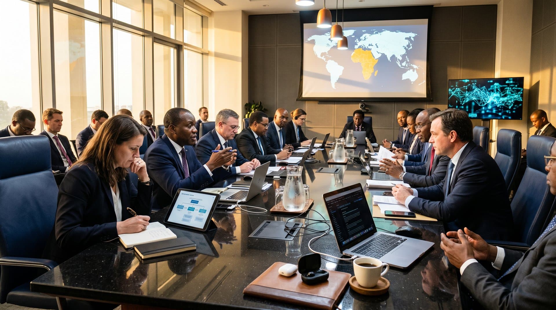 AI governance session in AU conference room with neural network visuals, world map, and policy documents under natural light