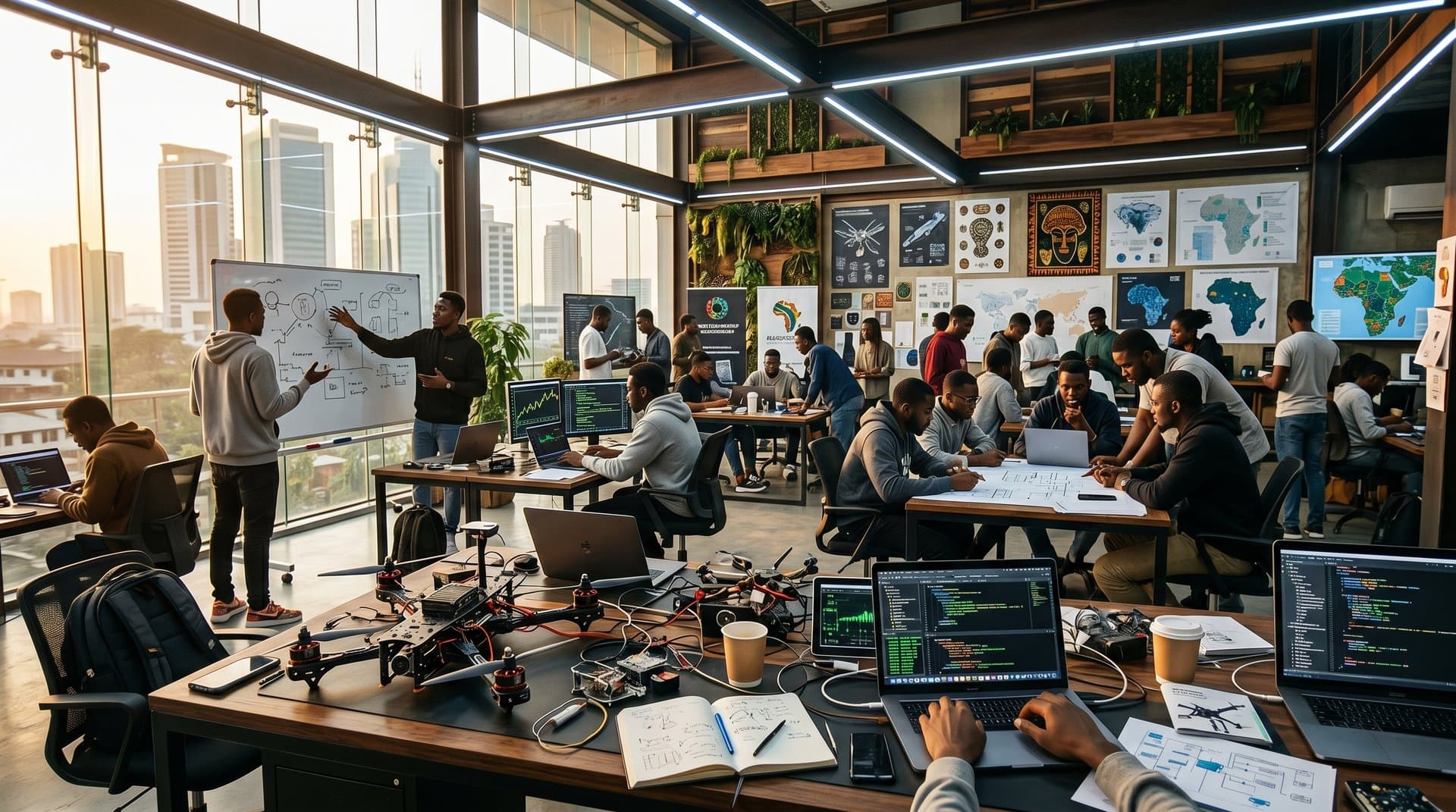 Lagos CcHUB developers view Ukraine robots, BTC charts, and Nigerian drone maps on multi-monitors amid solar models