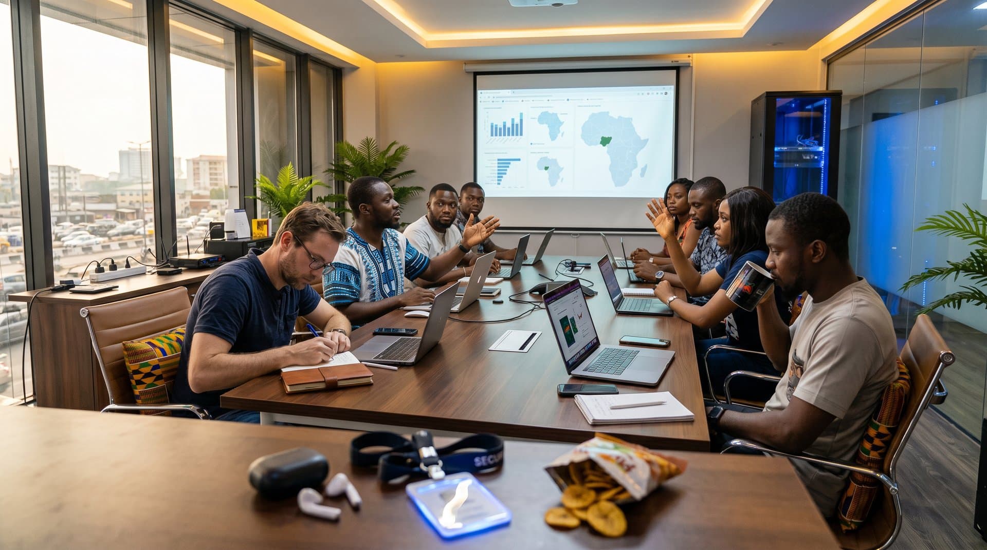 Lagos tech hub conference room with AI governance charts, servers, and skyline view