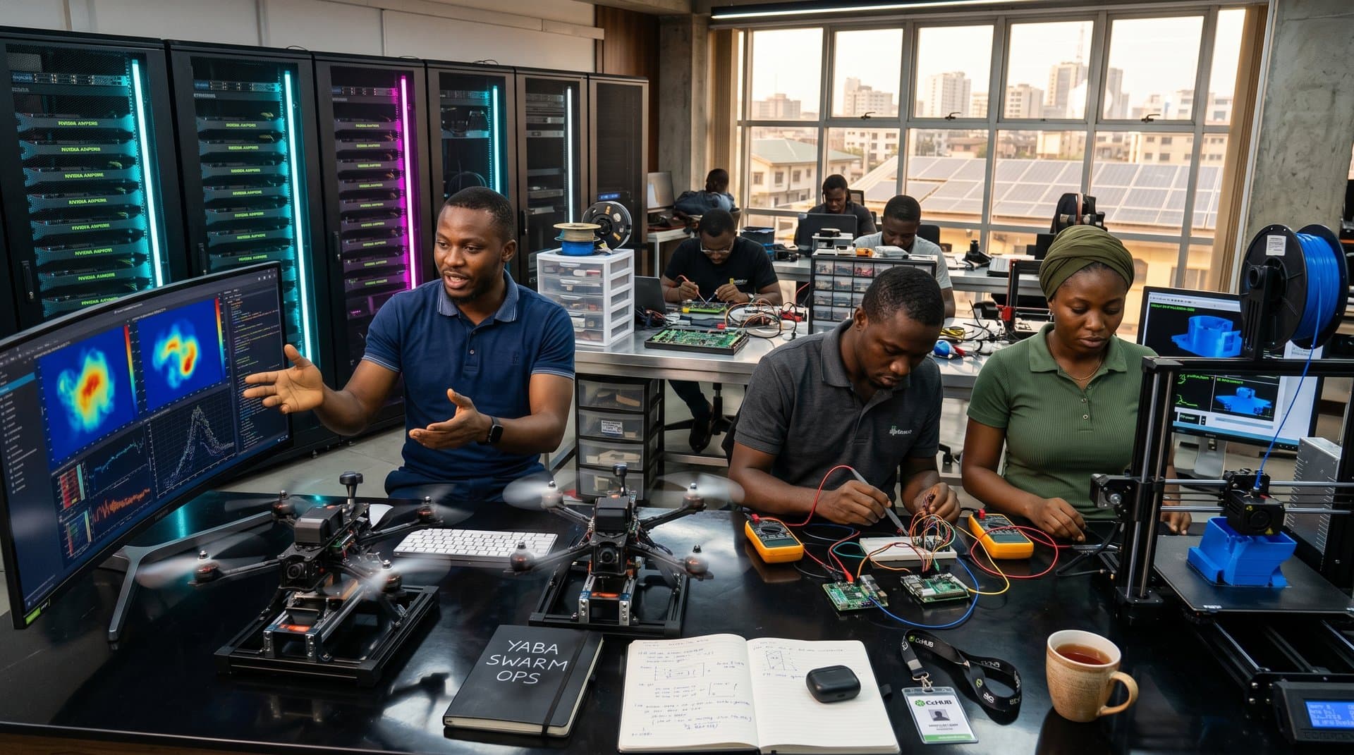 AI drone prototypes and neural network screens in high-tech Lagos incubator lab with servers and solar views