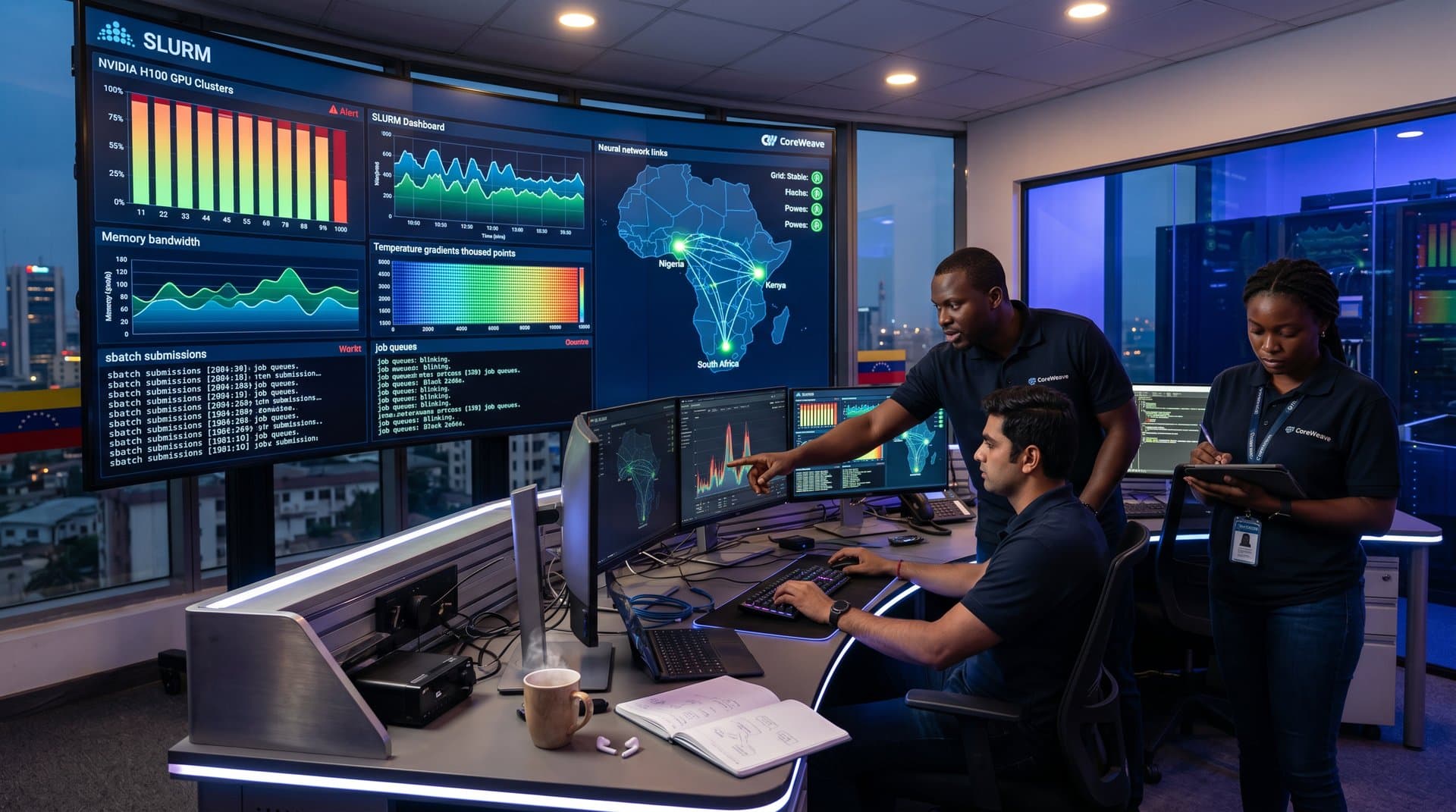 SLURM dashboard with GPU metrics and African tech motifs in futuristic cloud interface
