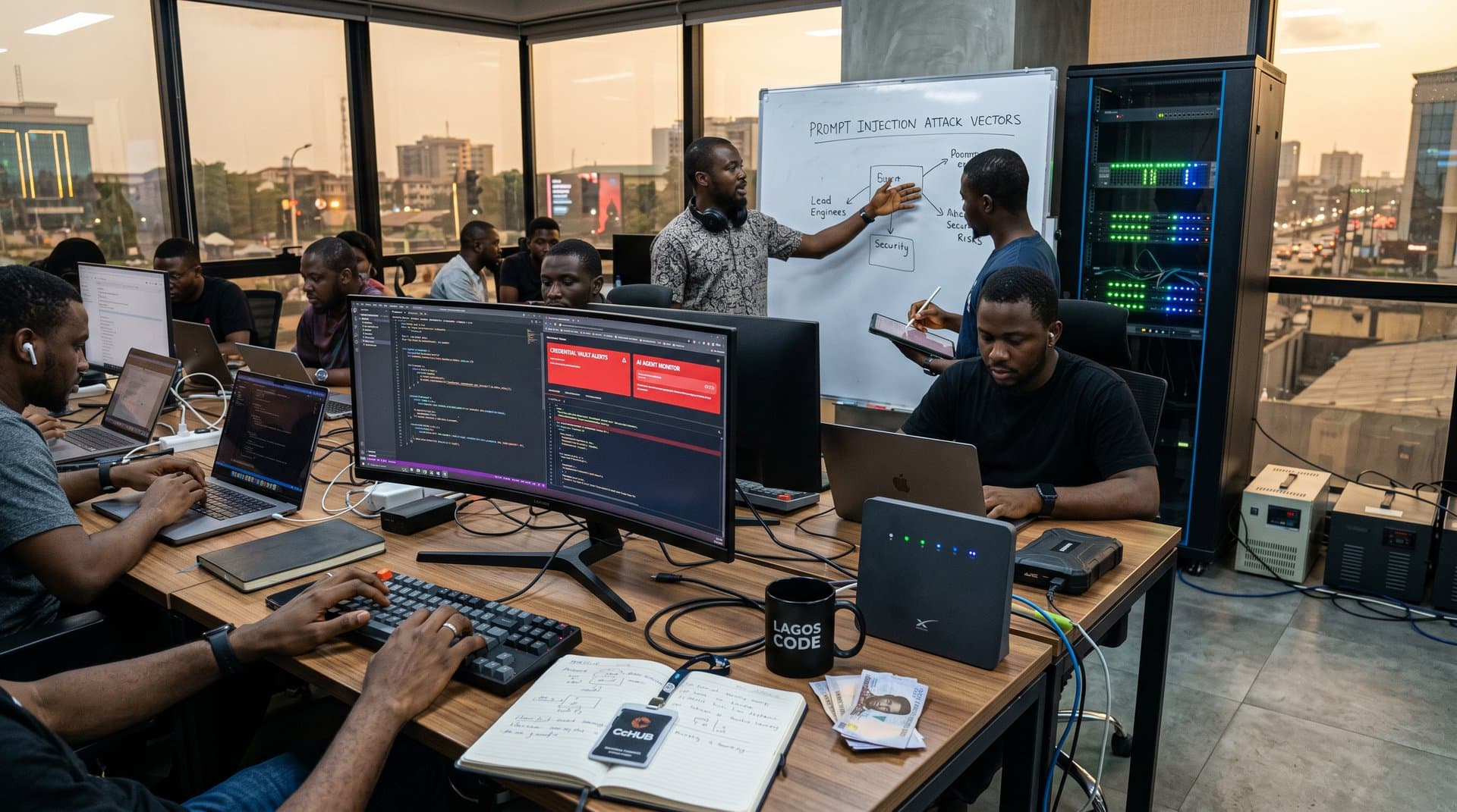 Lagos CcHUB tech hub with monitors showing AI agents, security alerts, power banks, Starlink, and servers amid African decor