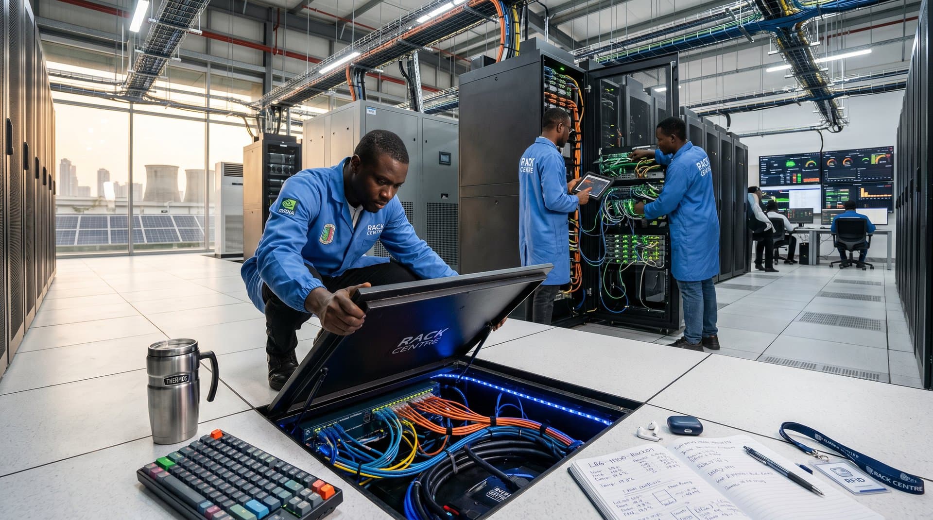 Raised floor cables and glowing server racks in high-tech Lagos Tier IV data center