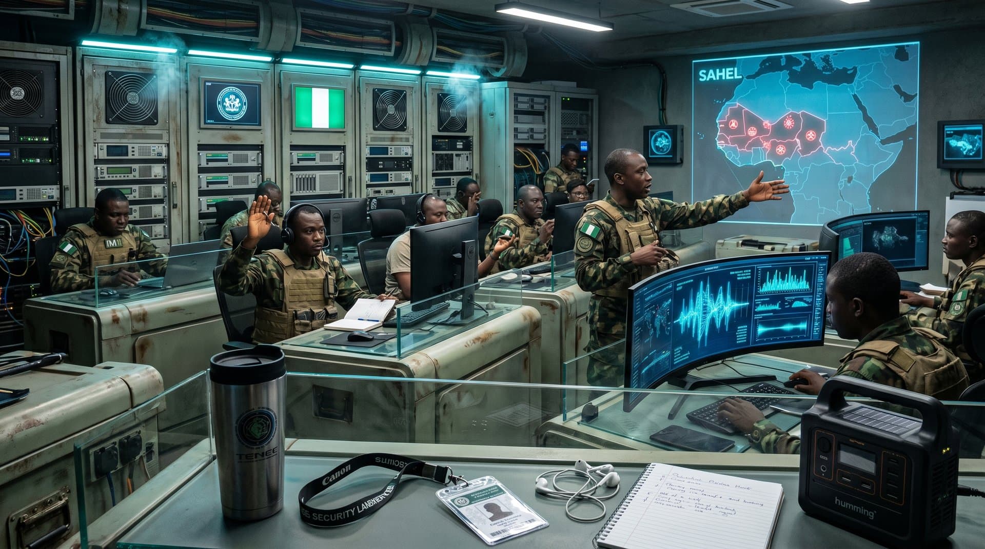 Secure military data center with AI screens showing African threat maps, Nigerian flag, rugged servers under blue lighting