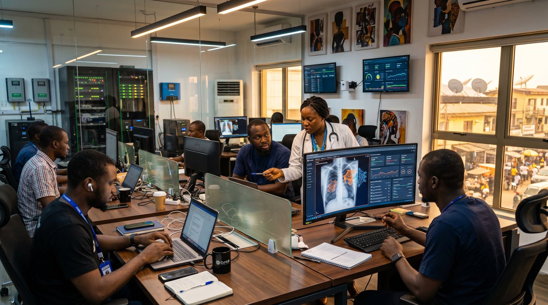 Lagos healthtech office with AI medical scans on screens, tech desks, and city view emphasizing Nigerian innovation